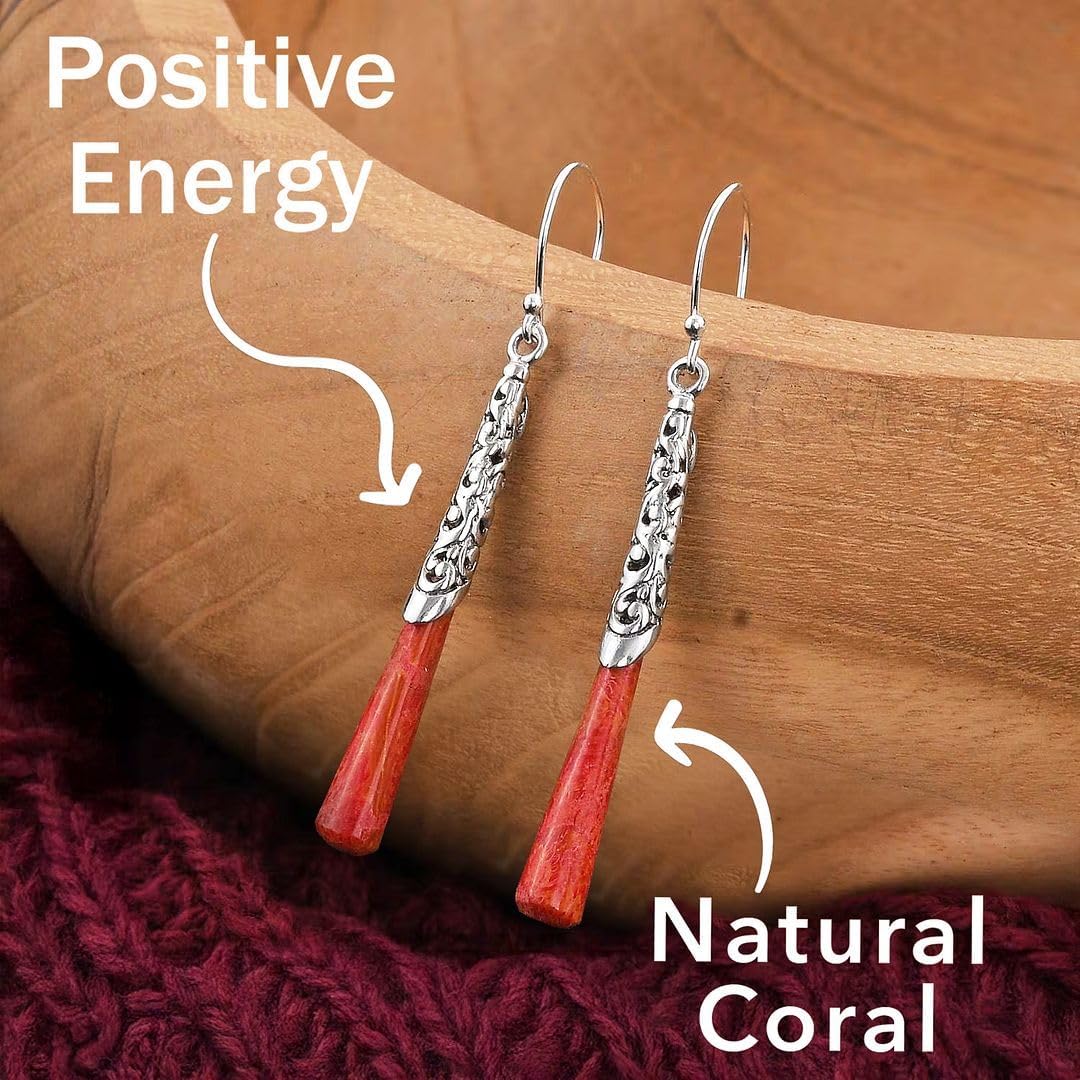 Red Coral Dangle Earrings for Women in 925 Sterling Silver - Dangling Drop Coral Earrings Handmade Birthstone Vintage Boho Jewelry Birthday Gifts for Women