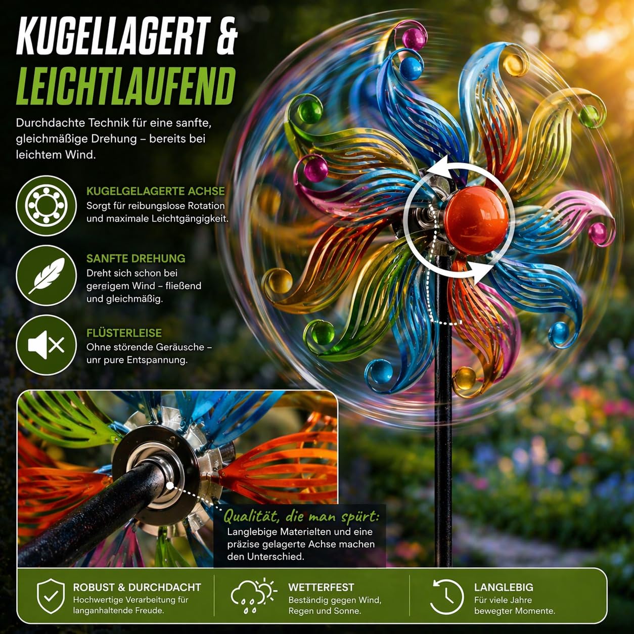 Kremers Schatzkiste Girandola a vento a forma di fiore, in metallo, con cuscinetti a sfera, Ø 30 cm/122 cm, con picchetto, 3 pezzi, decorazione da giardino resistente alle intemperie, per aiuole