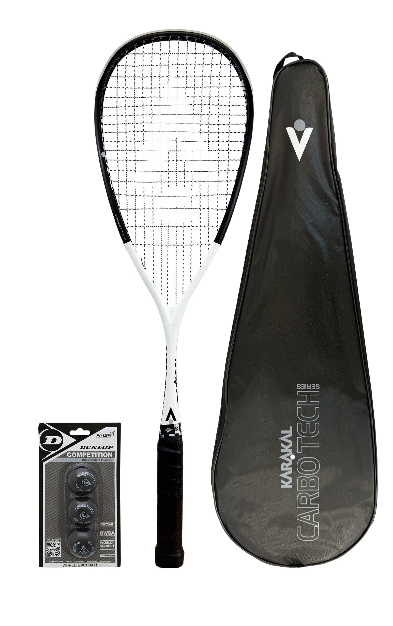 Karakal Carbo Tech 115 Graphite Squash Racket, inc Protective Cover Squash Ball Option (+ Comp Balls)