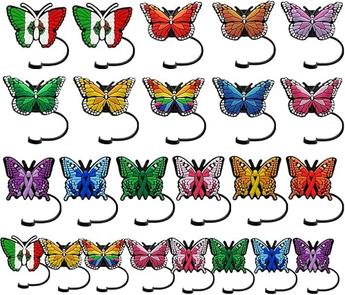 Tapa de silicona con puntas de popote de mariposa, paquete de 16 unidades, tapas de popote reutilizables con diseño de mariposa, a prueba de polvo,