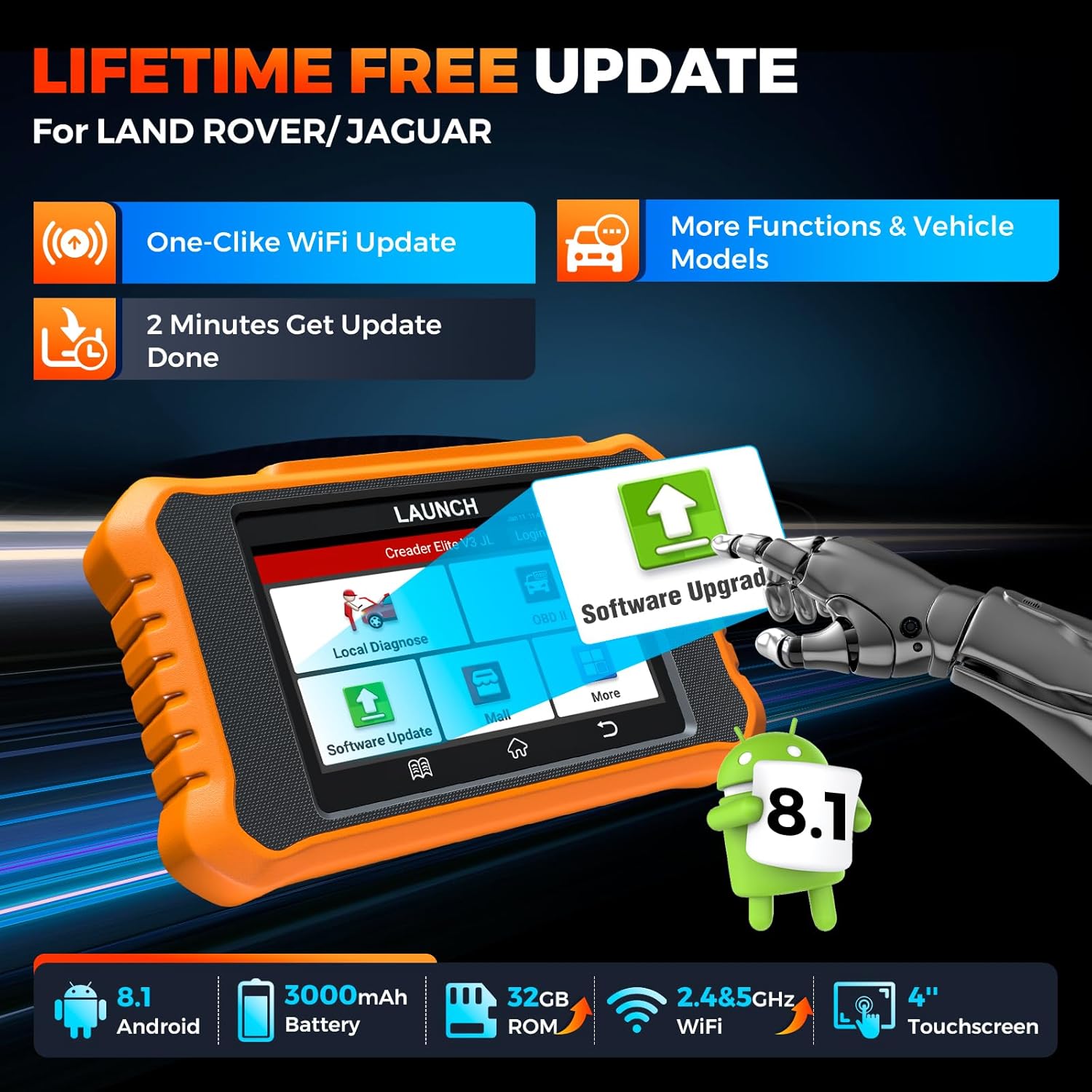Screenshot of LAUNCH Creader Elite V3.0 showing the one-click WiFi update process