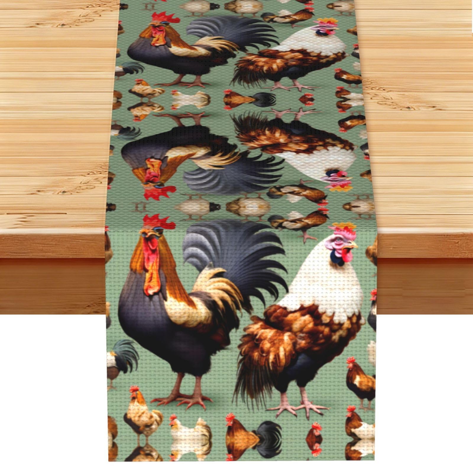 Rooster and Chicken Linen Look Table Runner 13x72-Wrinkle Resistant Farmhouse Style for Dining Table Decor