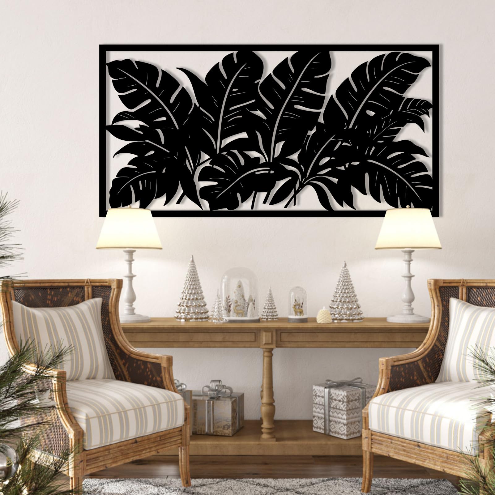 Schwarze Metall-Wandkunst mit Palmenblättern, Tropische Metall-Wandkunst, Blattkunstwerk, Moderne Skulptur für Wohnzimmer, Schlafzimmer, Flur, Heimdekoration (Weiß, 53" x 27" / 135 x 69 cm)