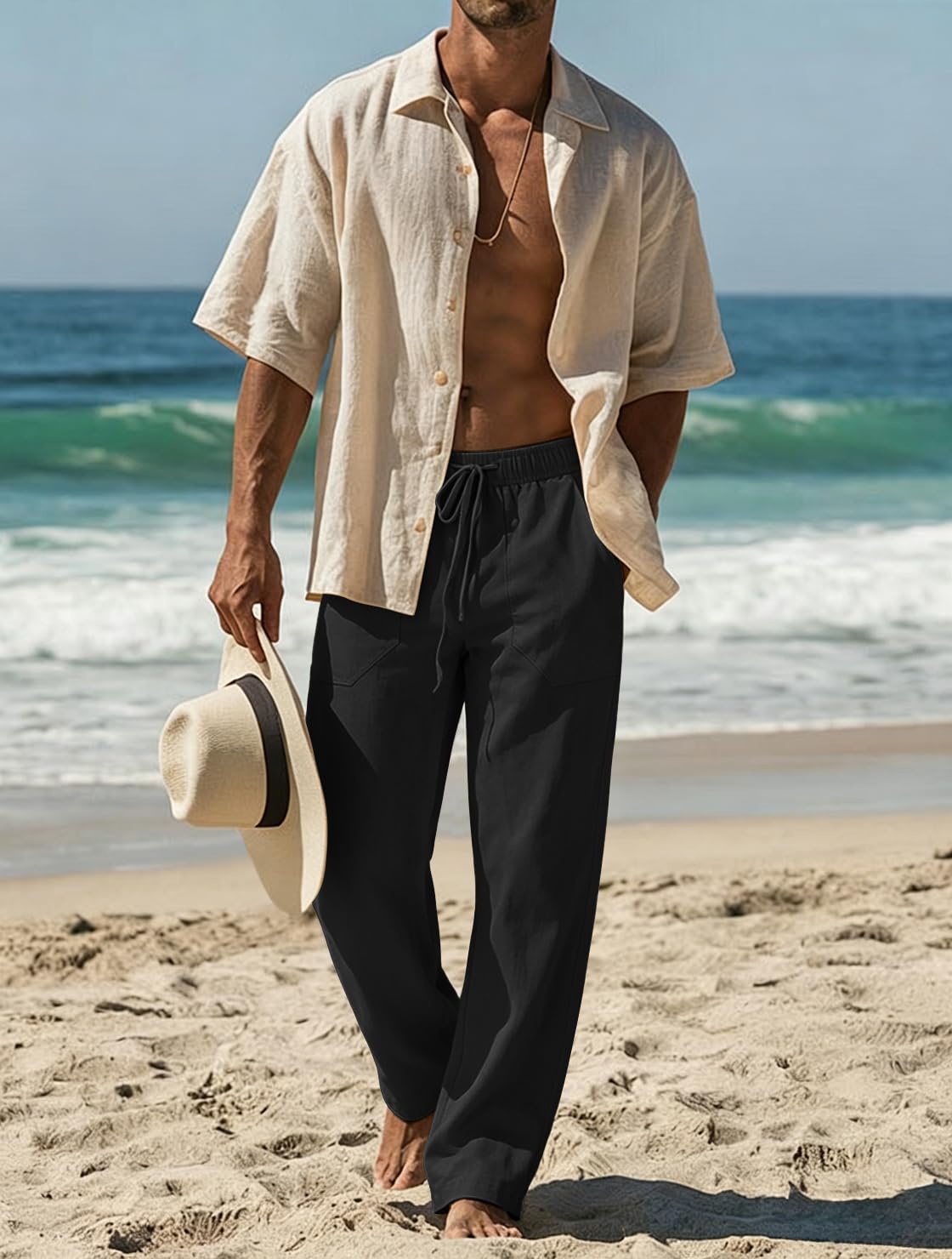 Puimentiua Leinenhose Herren,Lang Leichte Sommerhose,Sommer Leinen Hosen,Loose Fit Baumwollehosen mit Tunnelzug und Taschen (S-3XL)