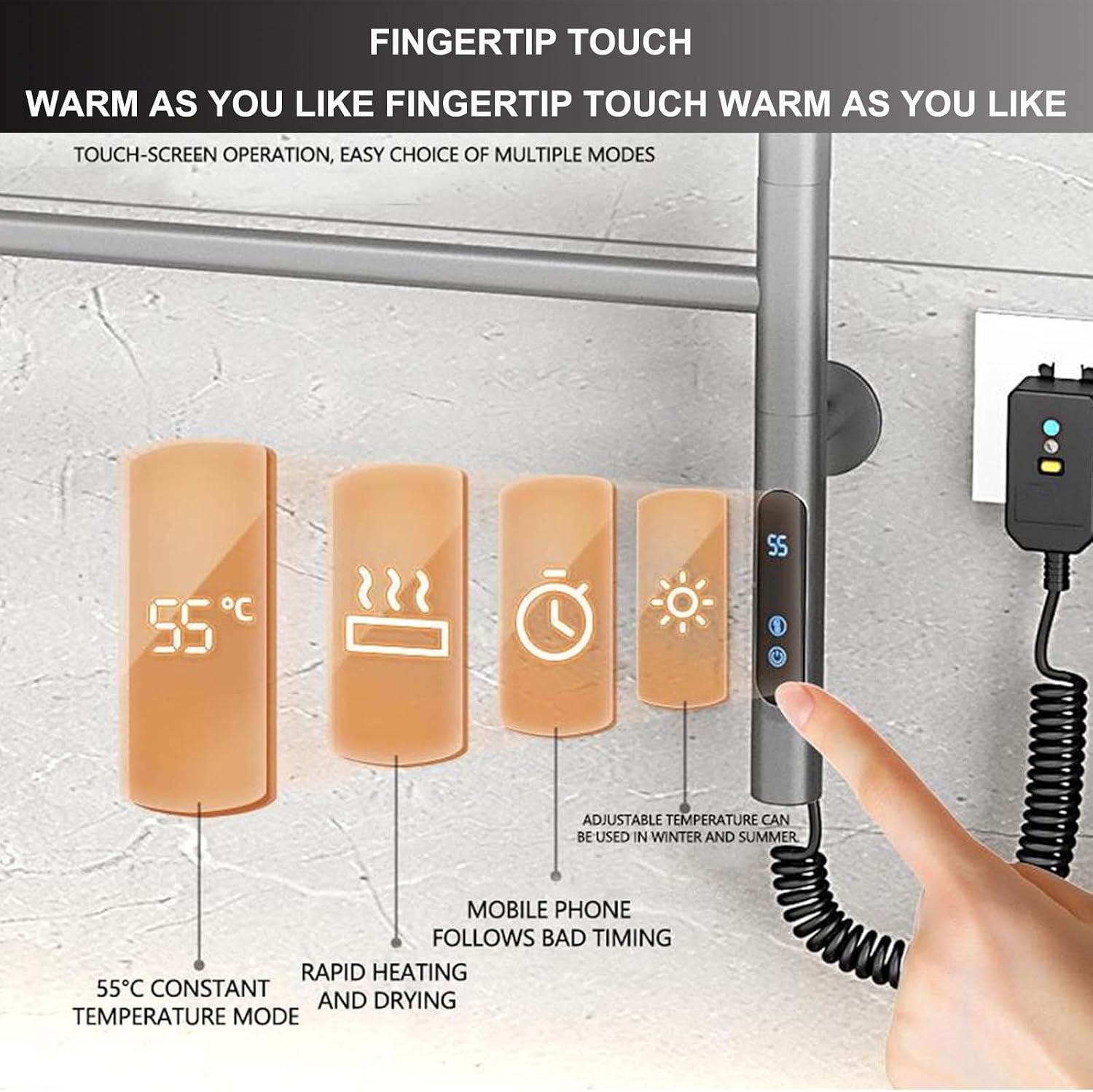 Electric Rotating Towel Warmer Radiator Bathroom Accessories, Built-in Timer Temperature Control 5 Bars Electric Heated Towel Racks for Bathroom Stainless Steel Towel Warmer Drying Rack ,White