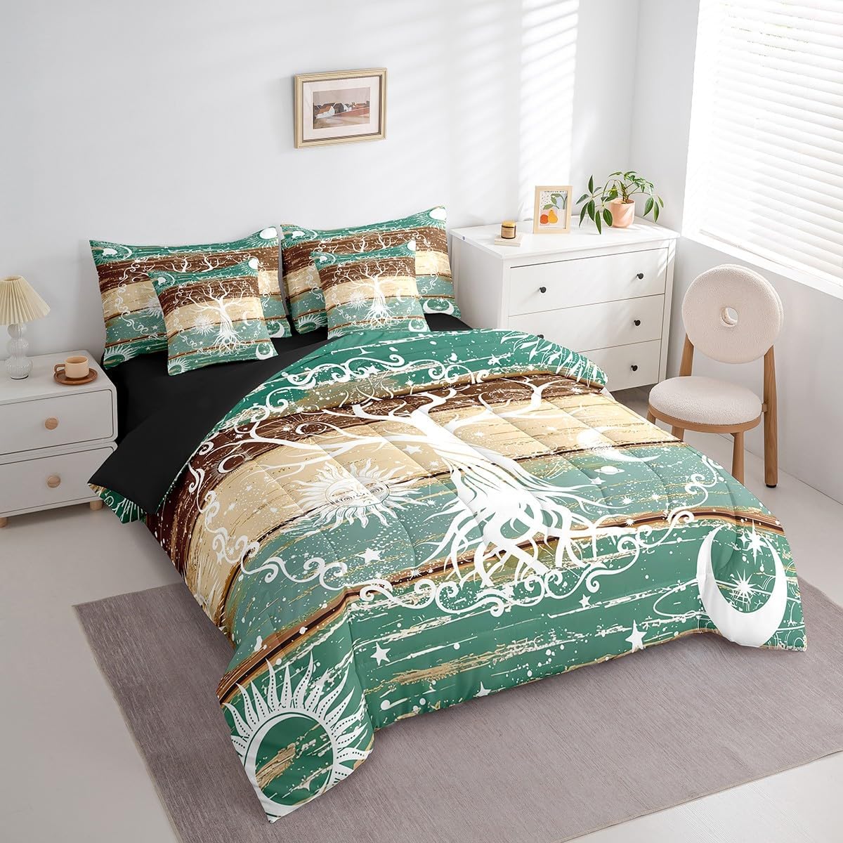 Sun and Moon Bed in a Bag Kids Teens Tree of Life Bedding Set, Rustic Farmhouse Queen Comforter Set 7pcs Psychedelic Stars Bedding Comforter Sets, Vintage Barn Door Bed Sheets Set (Blue Green Brown)