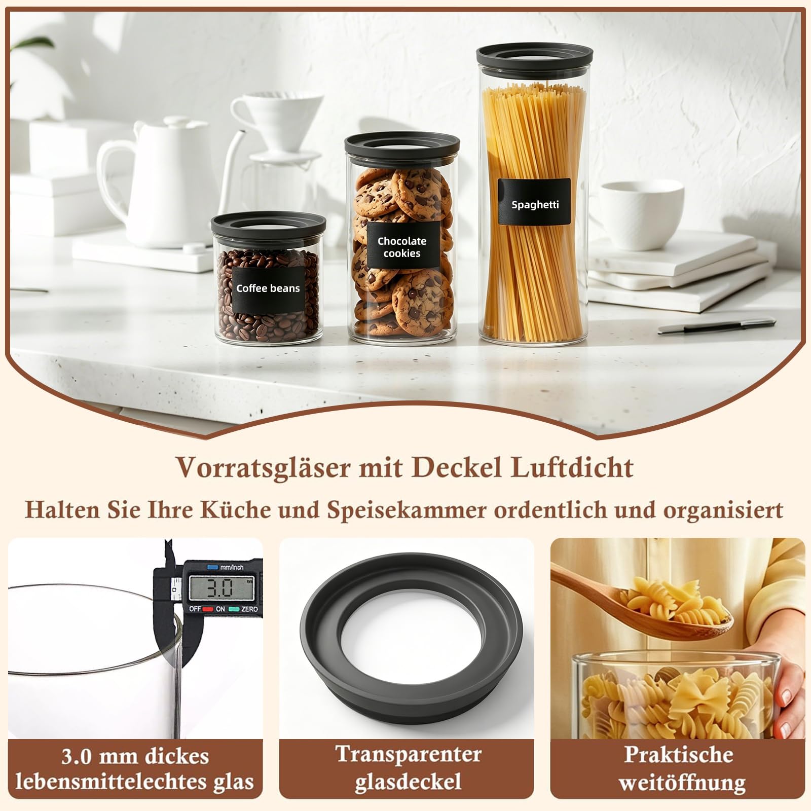 Vorratsgläser mit Deckel Glas 4er Set 1800ml Vorratsdosen Glas Luftdicht mit Transparenten Glasdeckel Vorratsglas Rund mit Etiketten Stapelbare Aufbewahrungsgläser für Küche Spaghetti Aufbewahrung