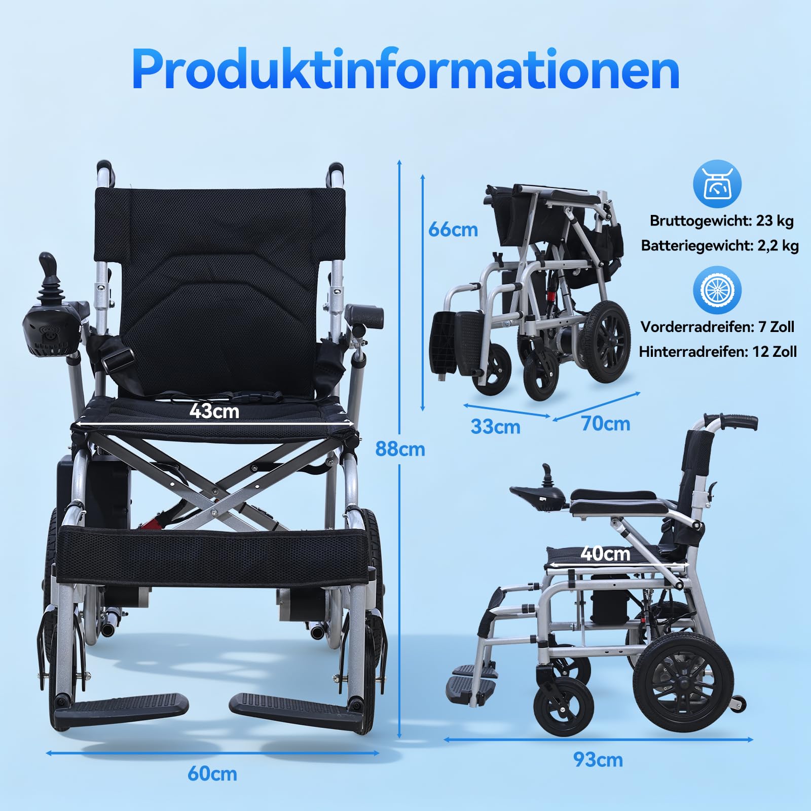 Elektrischer Rollstuhl mit langer Reichweite bis 20 km, stabil & bis 150 kg belastbar, faltbar für Transport, Anti-Kipp-System & Sicherheitsbremsen, für Alltag und Outdoor