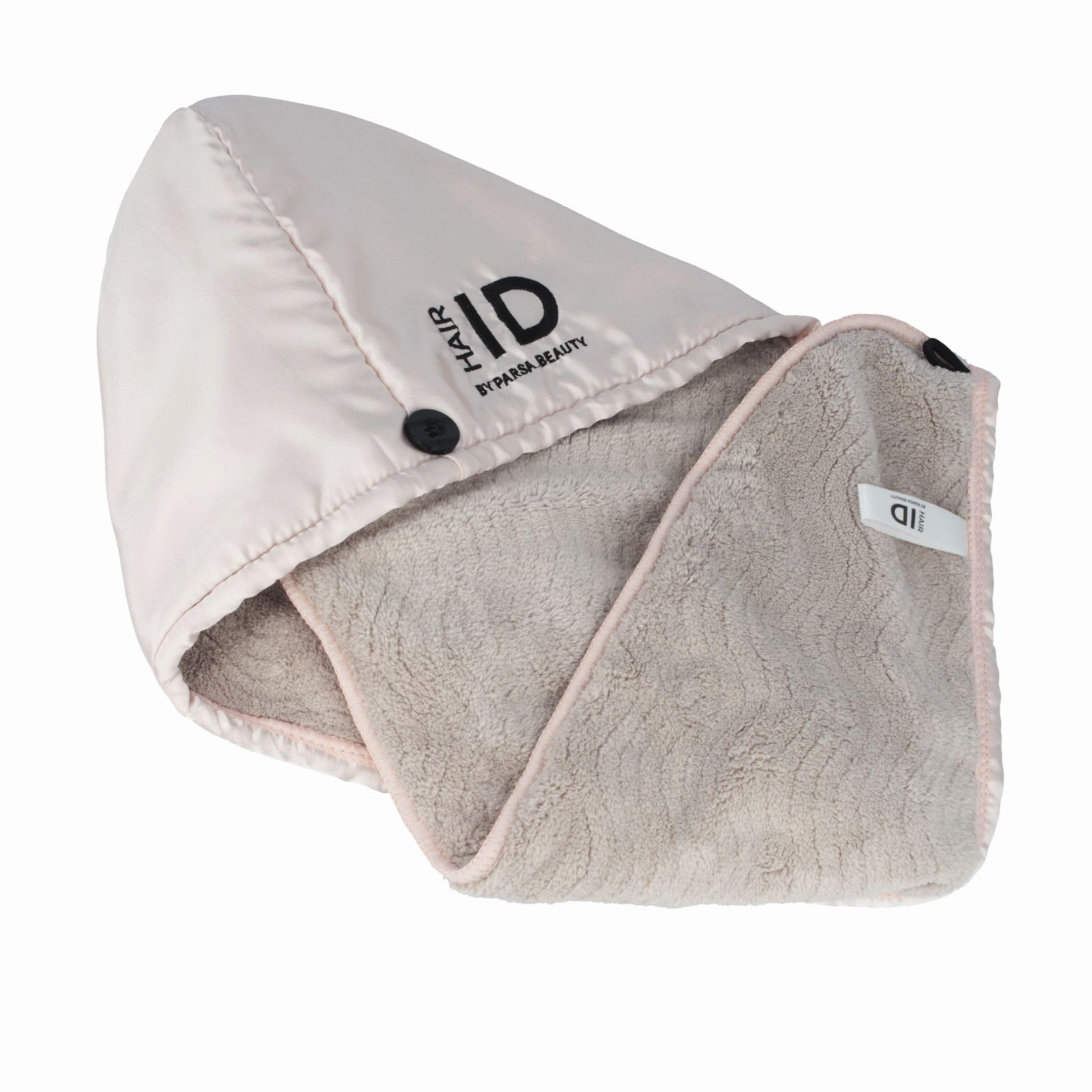 PARSA Beauty Hair ID 2 en 1 - Toalla turbante para mujer, microfibra y satén, antiencrespamiento, secado rápido y suave para el pelo largo, toalla turbante con botones