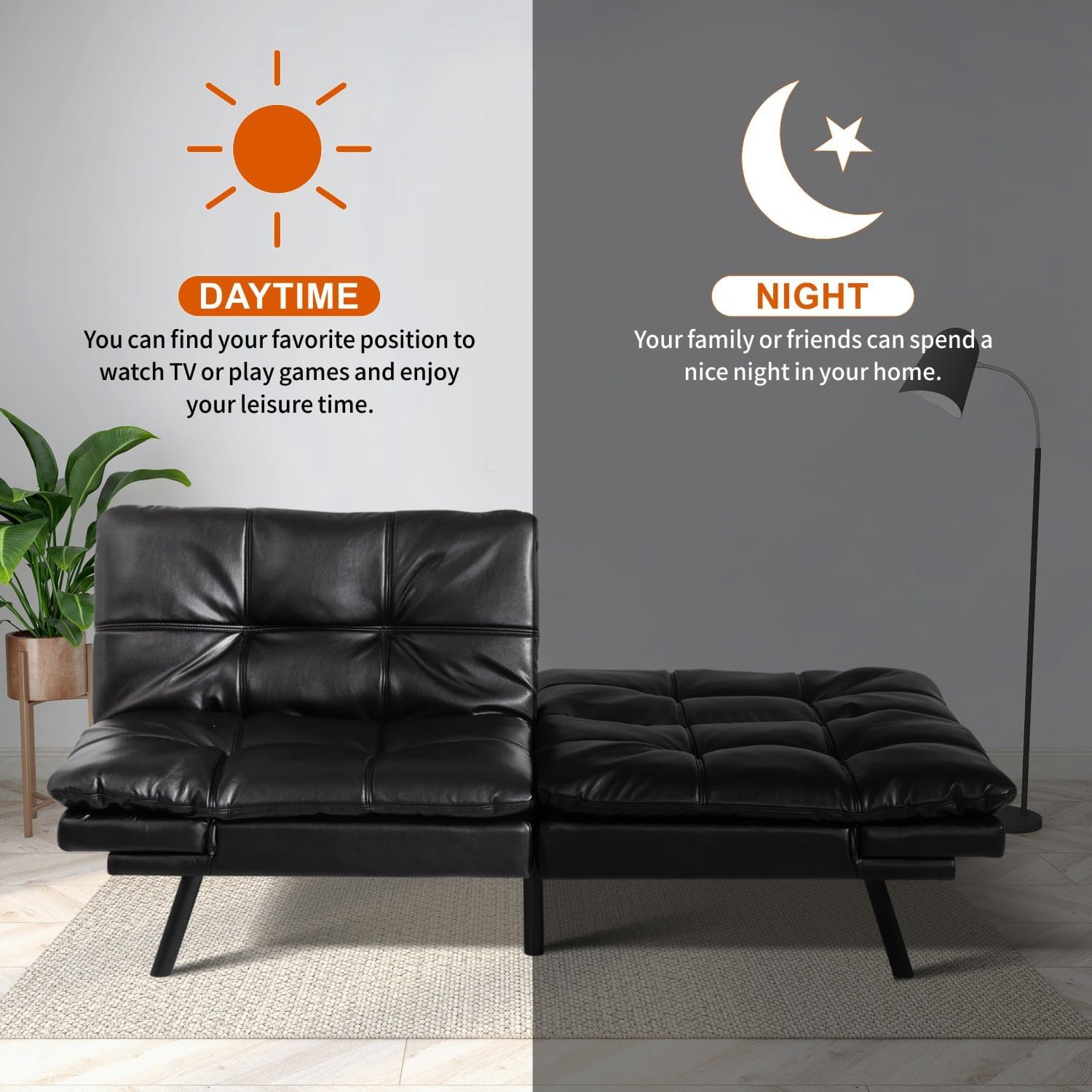 MUUEGM Futon Sofa Bed 71" Convertible Memory Foam Shiny Black Futon Couch Bed Modern Loveseat Sleeper with Adjustable Backrests Armrests for Living Room,Small Space,Office