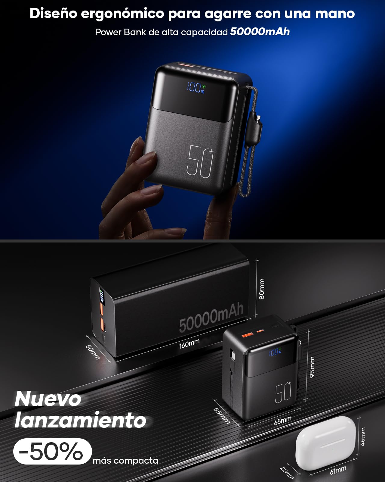PowerBank 50000mAh Cable Integrado: Batería Externa de Carga rápida de 22,5W ultracompacto y de Gran Capacidad, Cargador portátil con 4 Salidas y 1 entradas. MP3 con Cargador portátil