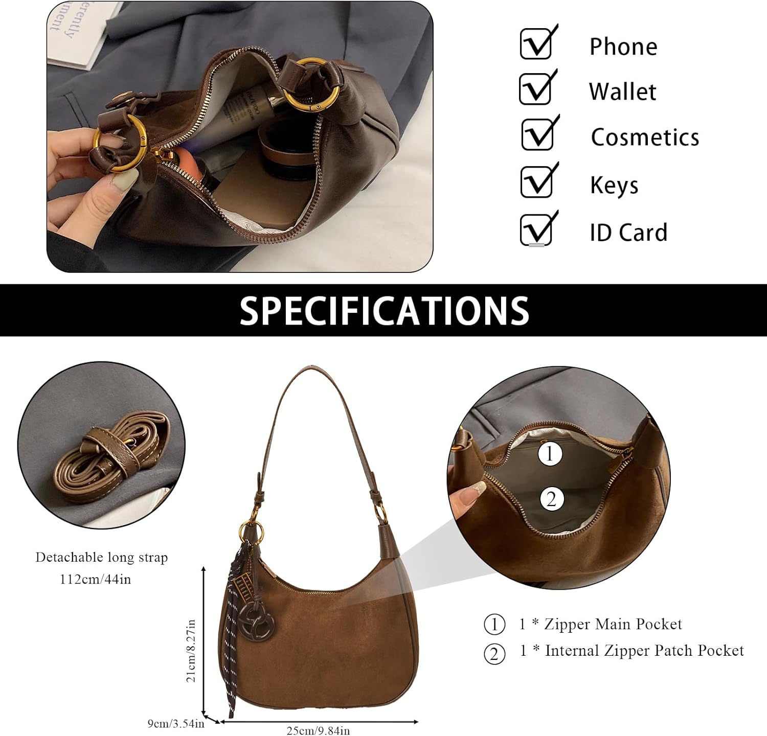 Slouchy Suede Bag Trendy Tote Bag Faux Suede Purses Retro Hobo Crossbody Shoulder Bags with Removable Strap - Image 4