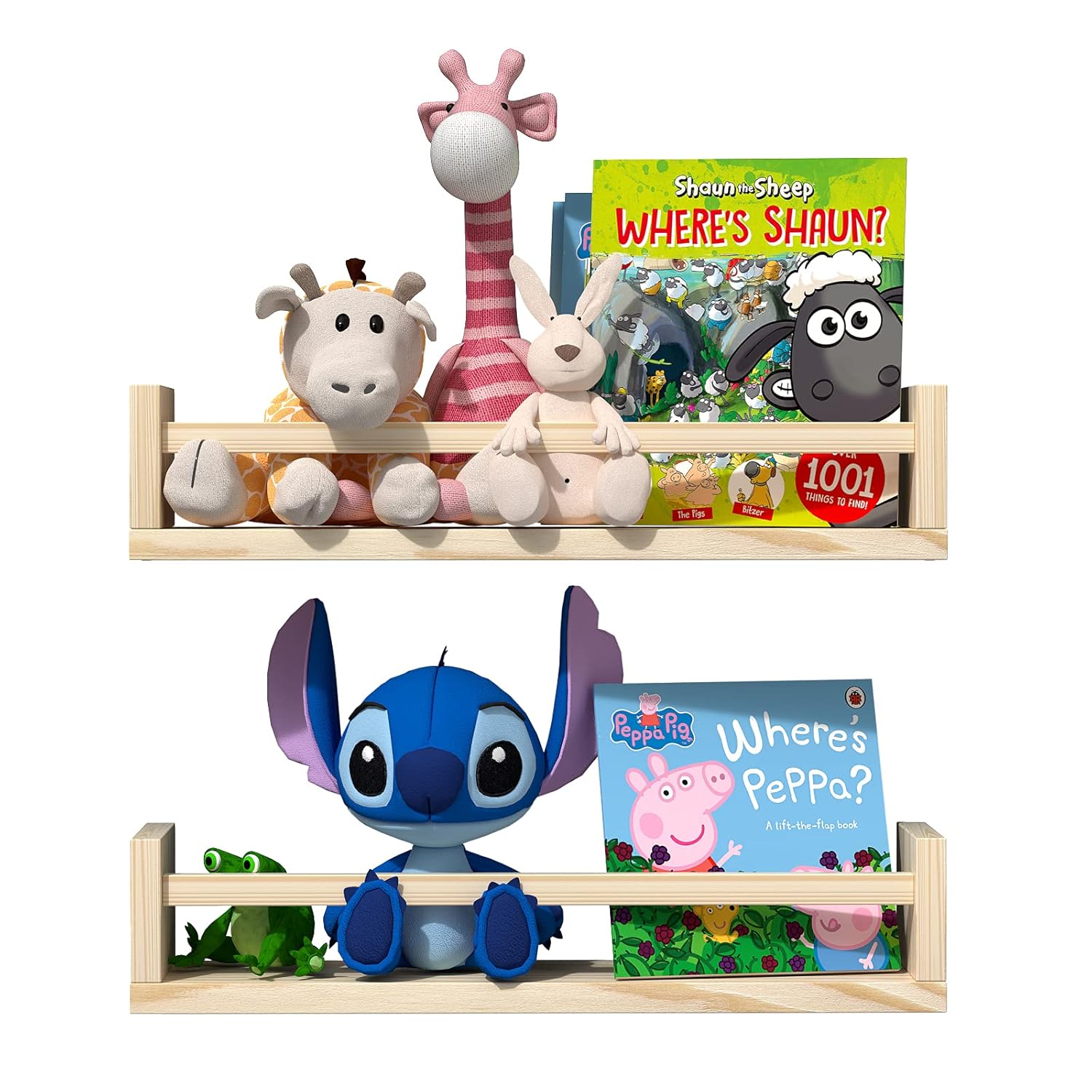 Classic Nursery Shelves, Set of 2 Natural Wood Floating Book Shelves for Kids Room, Wall Shelves for Bathroom Decor, Kitchen Spice Rack, Book Shelf Organizer for Baby Nursery...