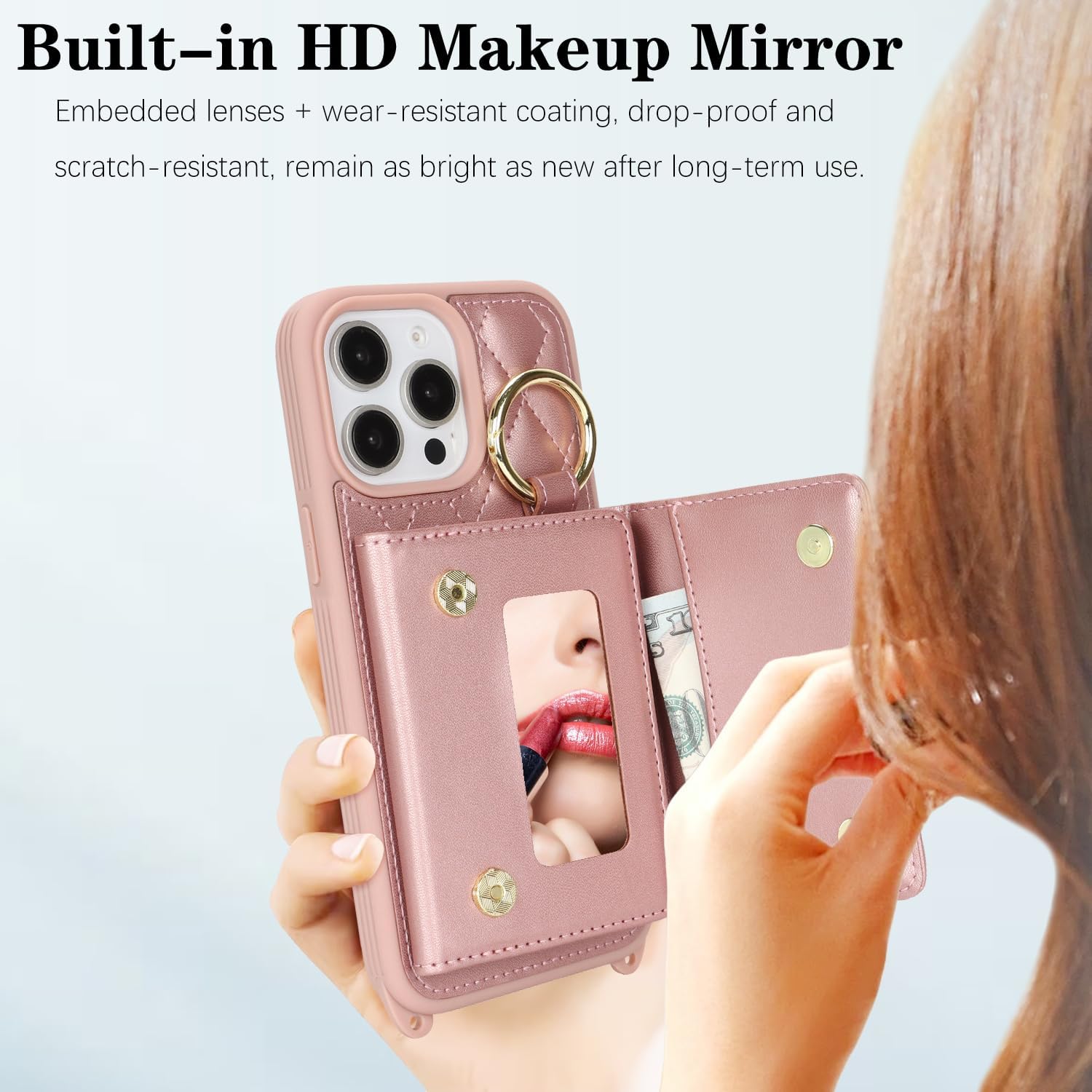 for iPhone 15 Pro Max Case with Card Holder and Strap for Women,Crossbody Lanyard, Make Up Mirror,Ring Stand,Snap Clasp,Cute Phone Wallet Cases 6.7 inch - Dark Rose Gold - Image 5