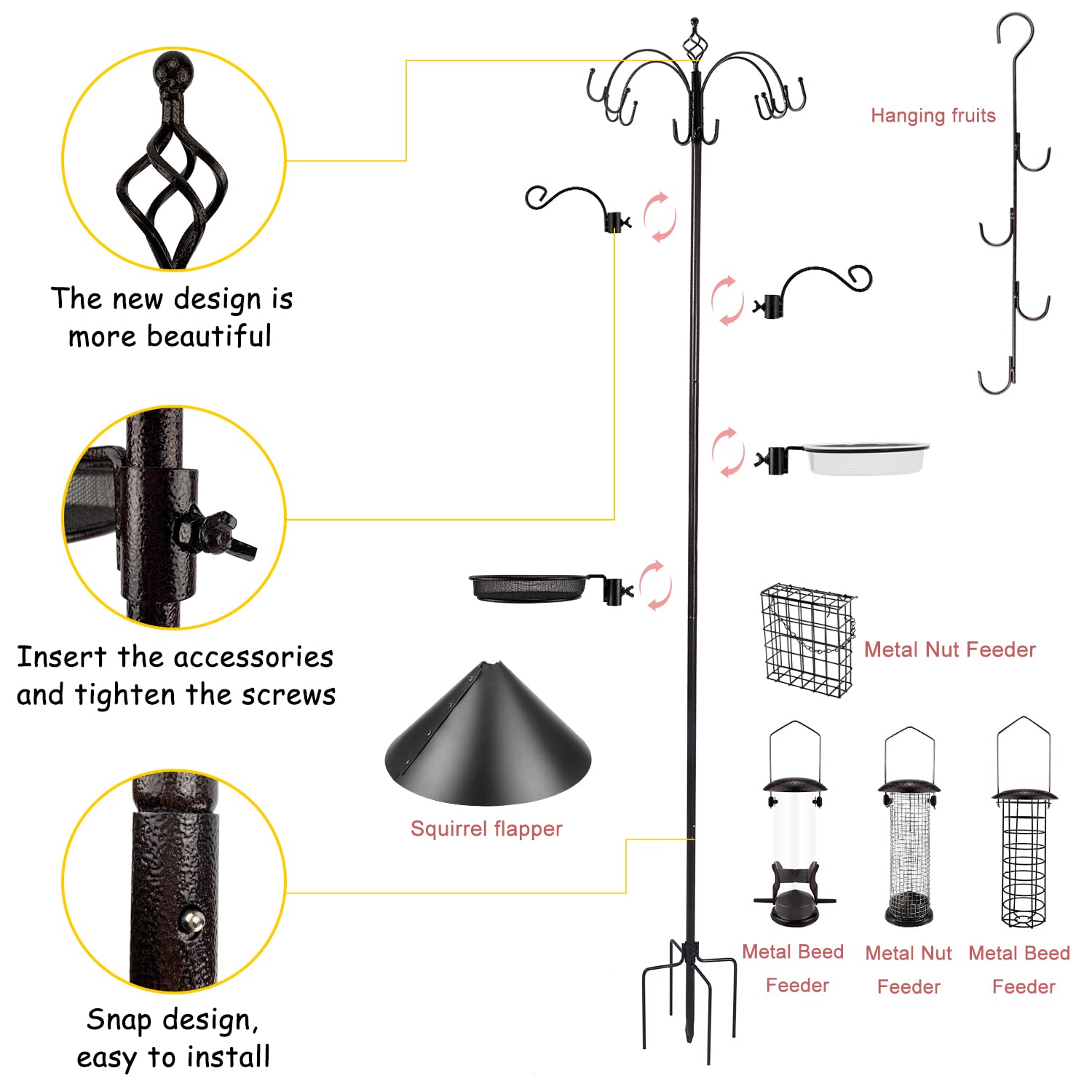 Deluxe Bird Feeding Station Kit Bird Feeder Pole Bird Feeder Hanging Kit Multi Bird Feeders with Squirrel Baffle and Metal Suet Feeder Bird Bath Mesh Tray for Attracting Wild Birds and Planter Hanger
