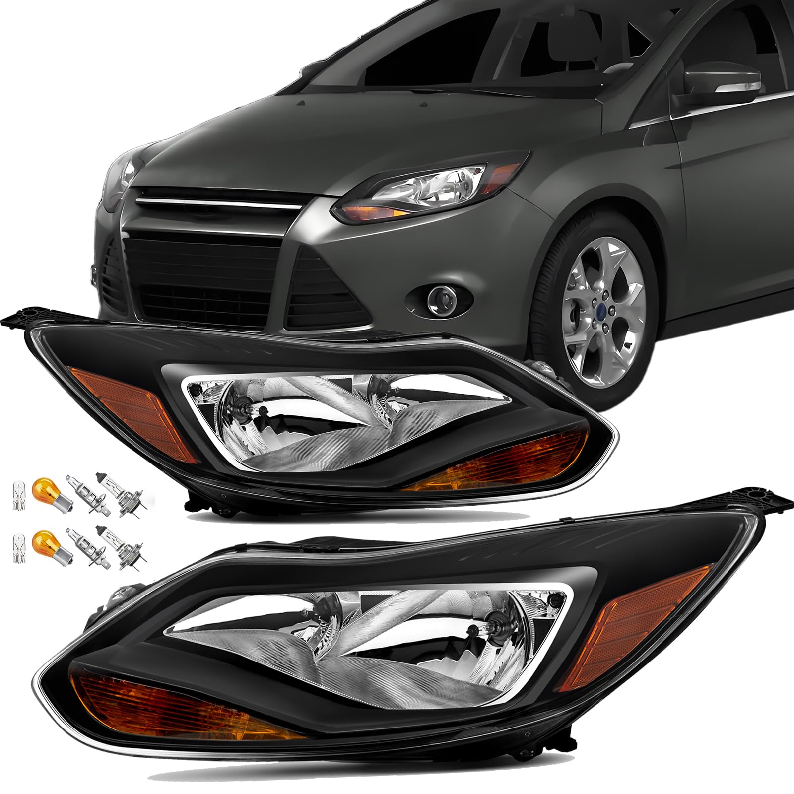 Headlights Assembly For 2012 2013 2014 Ford Focus 3th Pre-Facelift,Halogen Headlamp Black Housing,1x Pair Head Light Assembly Set