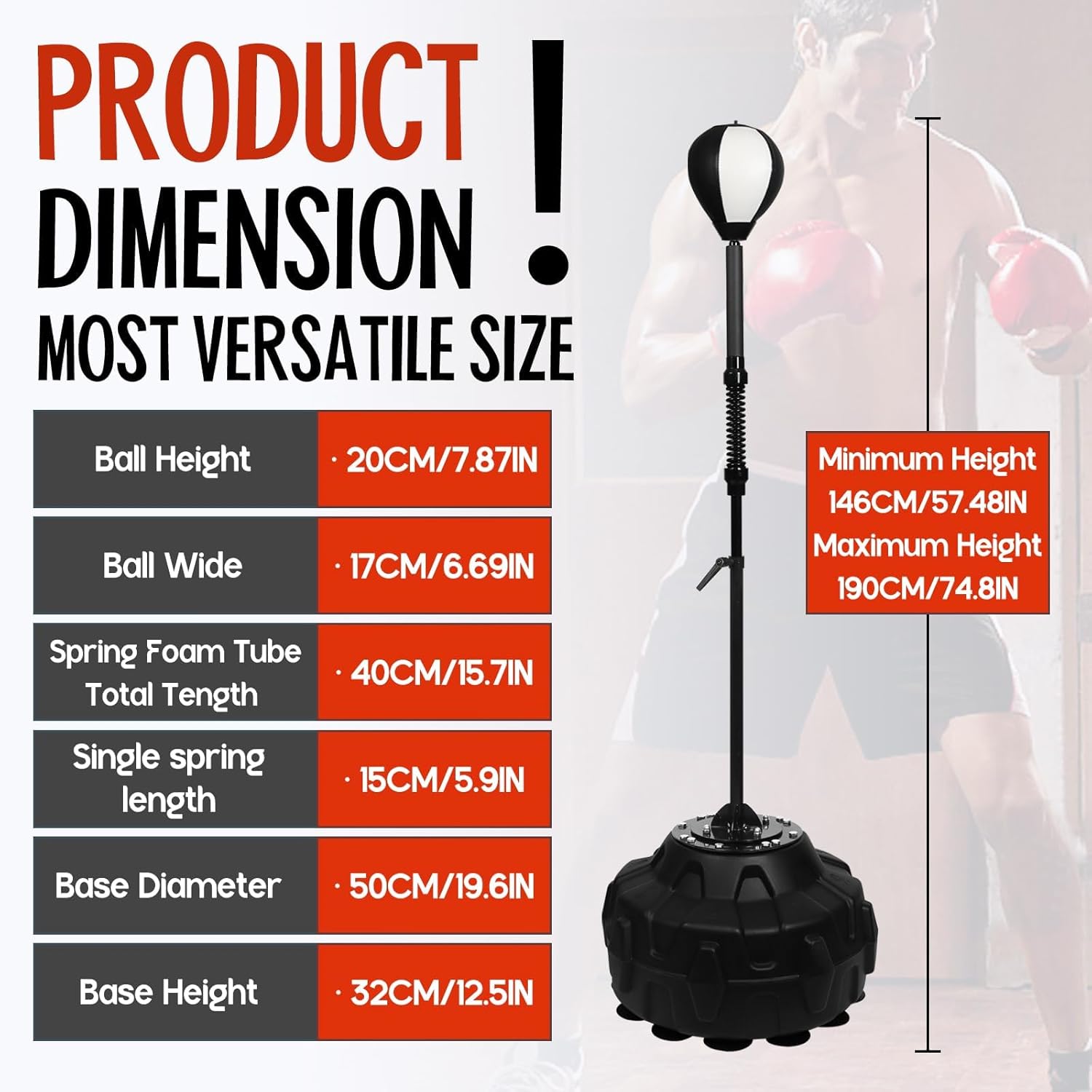 Speed Bar with Sturdy Base for MMA High-Energy Spring Training Reflex-Free Standing Boxing Bag Adjustable in Height Featuring Durable Stress Relief Ball for Fitness Fans (Black White) - Image 2