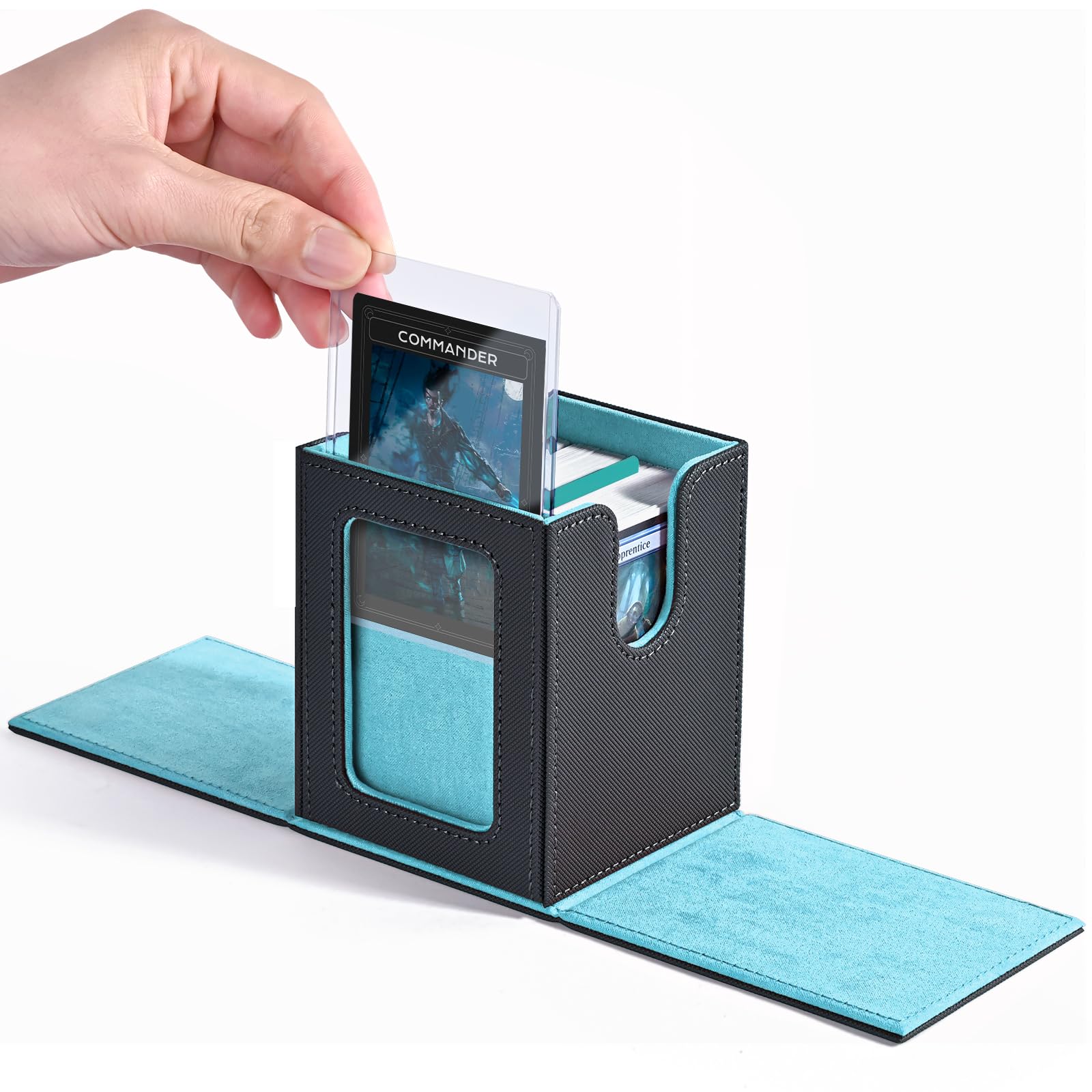 ZLCA MTG Deck Box with Magic Commander Window Display Trading Deck Case Can Hold 100 Double Sets of Cards Baseball Card Storage Box is Suitable for CCG/EDH(Grey&Blue)