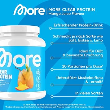 MORE Clear Protein Mango Juice 600 g Protein Drink with Whey Isolate Clear Whey - Made in Germany