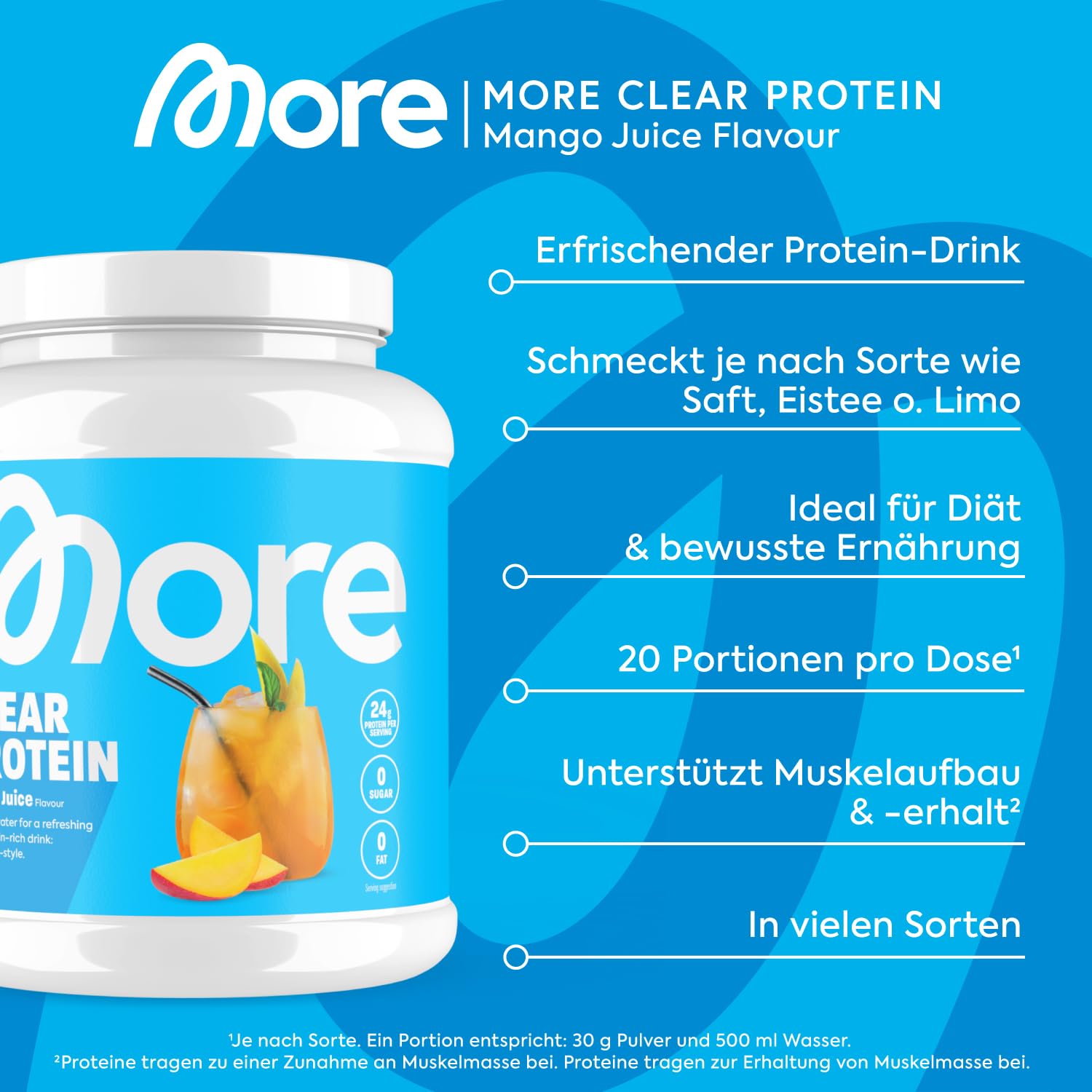 MORE Clear, Mango Juice, 2 x 600 g | Protein Drink mit Whey Isolat, clear Whey - made in Germany