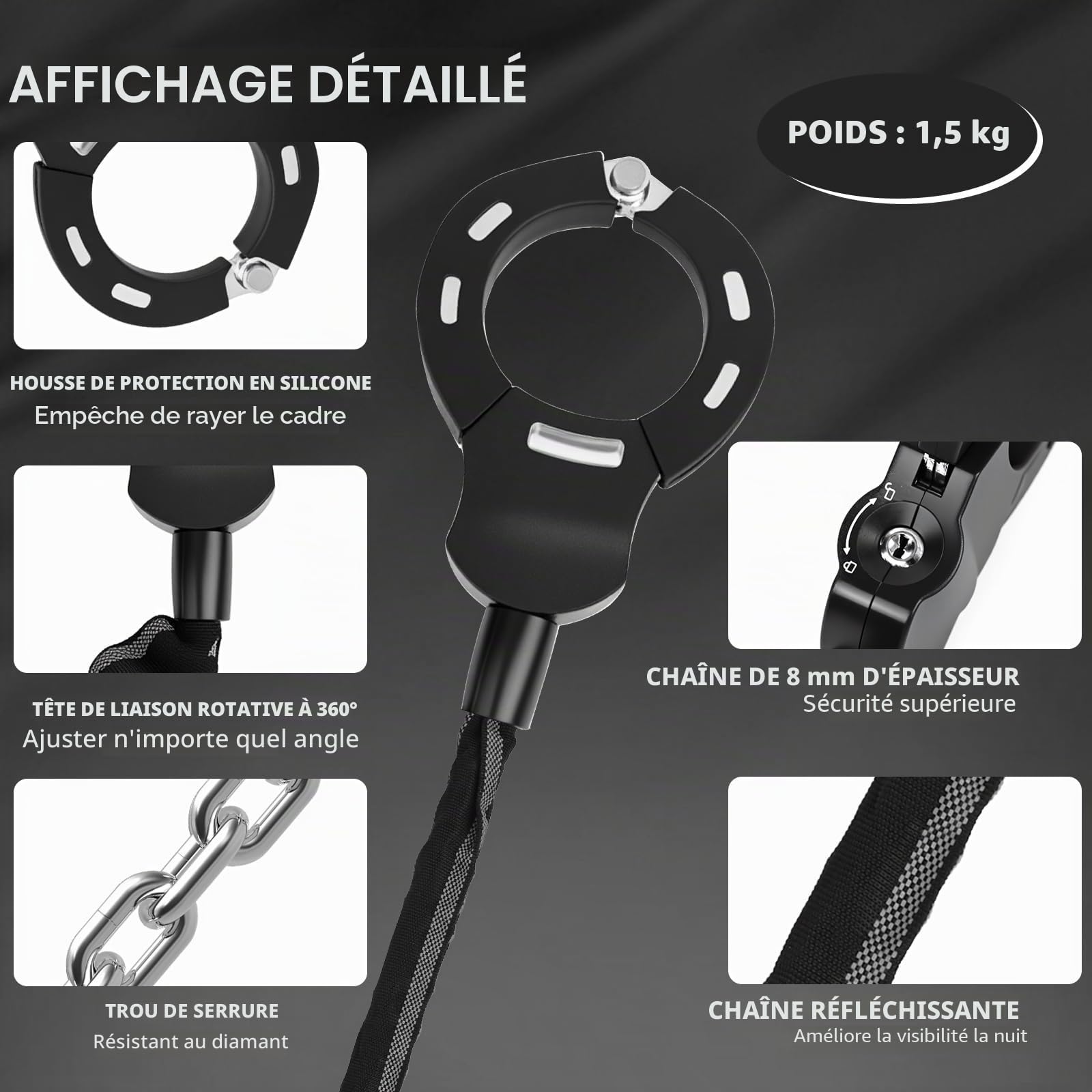 GuKKK Antivol Trotinette Electrique, 92CM Long Cadenas Trotinette Electrique, Cadenas Velo 8mm Ultra Résistant,1.5KG Robuste Chaînes Antivol pour Scooter Electriques, avec Clés et 3L Sac Etanche