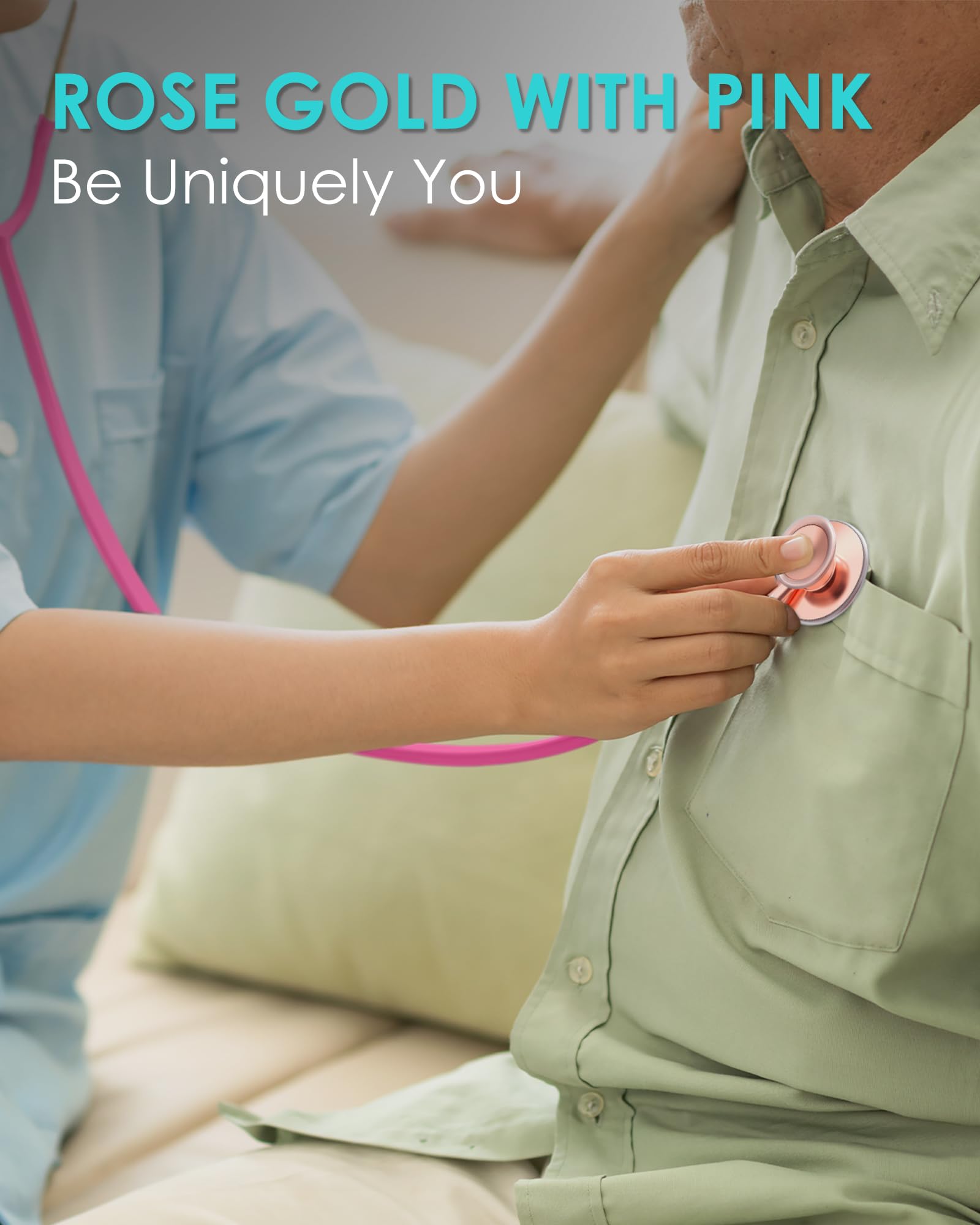 Estetoscopio de oro rosa, regalo para enfermeras, médicos y estudiantes de medicina, doble cabeza para uso doméstico con accesorios etiqueta de nombre, rosa perla, con funda de EVA