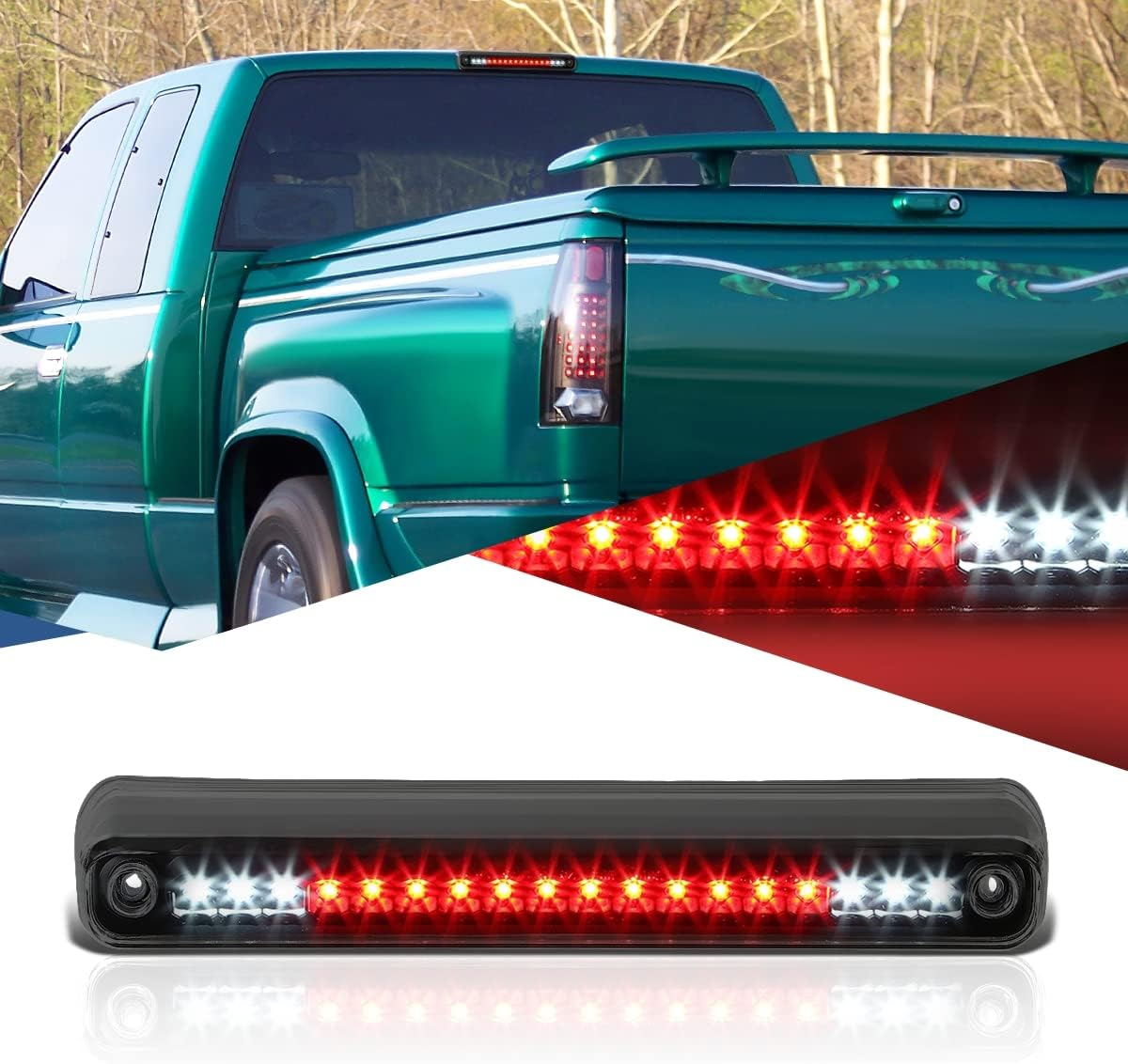 Auto Dynasty Rear Tail 18 LED Center High Mount Stop Lamp Third Brake Cargo Light Compatible with Chevy GMC C/K Series GMT400 88-00, Black Housing, Smoke Lens