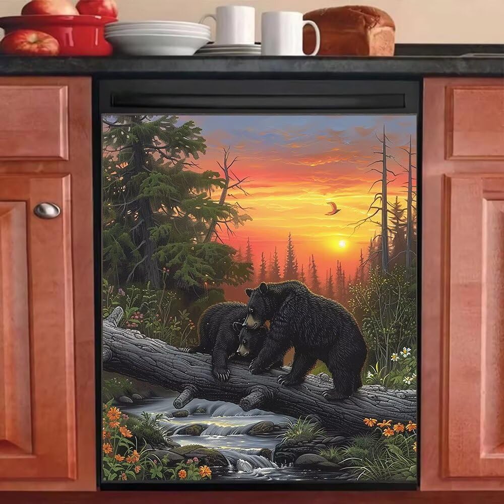 Forest Black Bear Magnetic Dishwasher Cover, Animal Decoration Fridge Magnet Panel Decal, Sunset Floral Creek Dishwasher Magnetic Decorative Cover, Fridge Microwave Sticker 23x26 Inch Magnetic