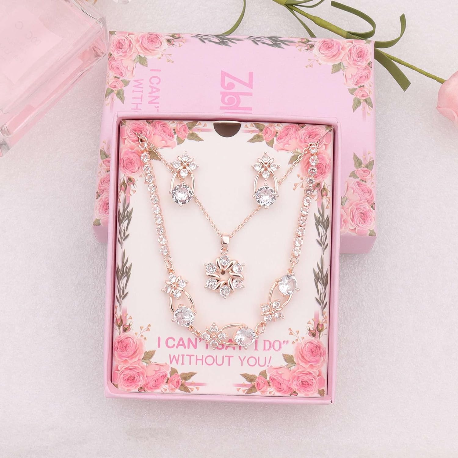 Bridesmaid Jewelry Set for Wedding 18K Gold or Rose Gold or Silver Plated Copper with Clean Cubic Zirconia Necklace Earring Bracelet Set for Women Gift