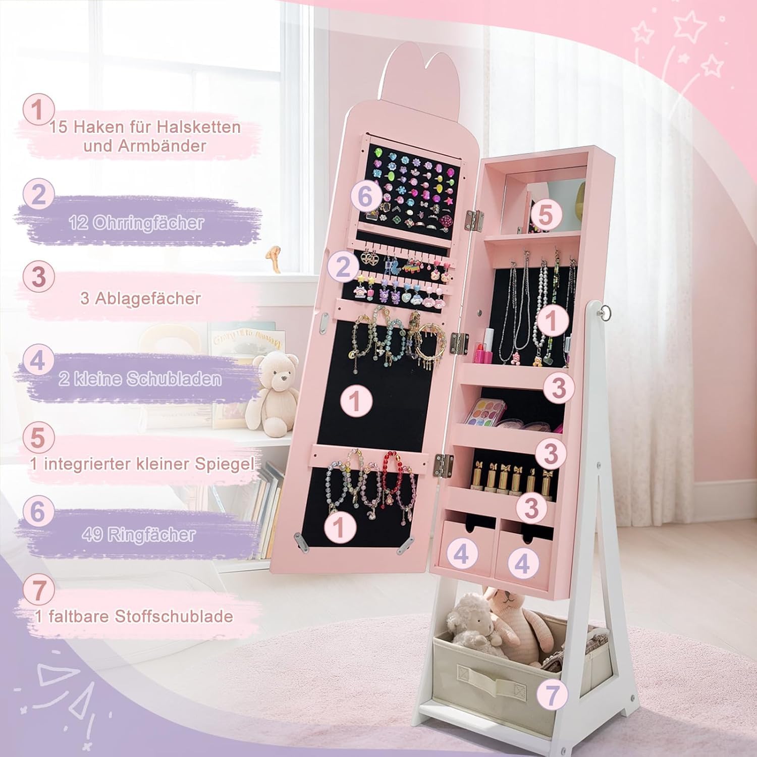 LEADZM Kinder Schmuckschrank mit Spiegel，Schmuckschrank Hängend， 3-in-1 Spiegelschrank mit Ganzkörperspiegel & Aufbewahrungskorb，Für Kinderzimmer Geeignet，Hasenstil，für Kinder ab 3 Jahren（Rosa）