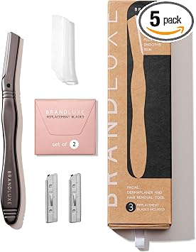 Brandluxe Dermaplaning Tool for Face, Eyebrow Shaping, Gentle Hair Removal and Exfoliation. Designed for Women, an eco-friendly design. Includes 3 Swedish stainless steel razor heads