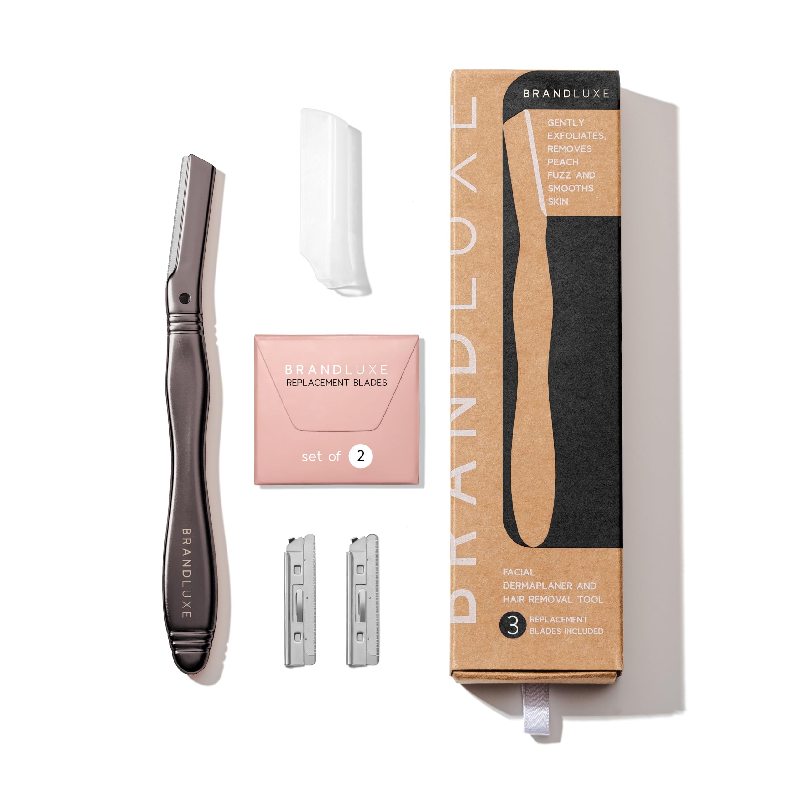 Brandluxe Dermaplaning Tool for Face, Eyebrow Shaping, Gentle Hair Removal and Exfoliation. Designed for Women, an eco-friendly design. Includes 3 Swedish stainless steel razor heads