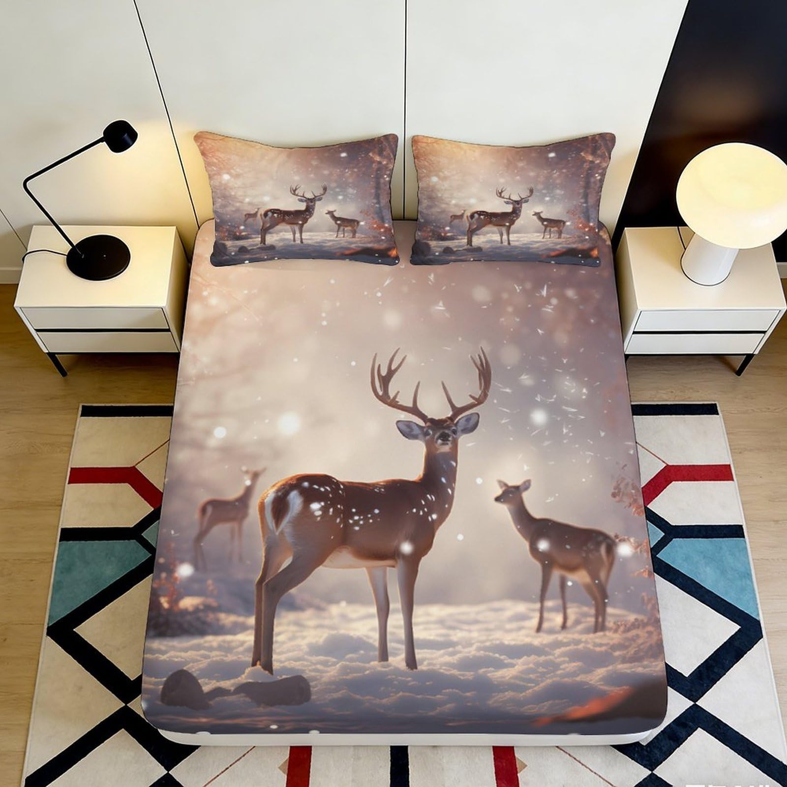 3D Printed Deer Forest Fitted Sheet Microfiber Soft Breathable Snow Woodland Mattress Cover for Bedroom Guest Room Decor 90x200x25cm