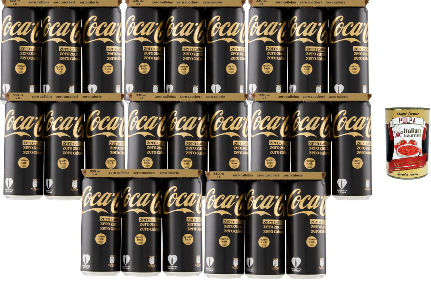 Italian Gourmet Bundle Cola Zero Caffeina 48x330ml + Italian Gourmet Polpa GRATIS | Koffeinfreie Cola ohne Zucker | Zero Softdrink kalorienarm | 48er Dosen Vorratspack 15,84L | Erfrischungsgetränk