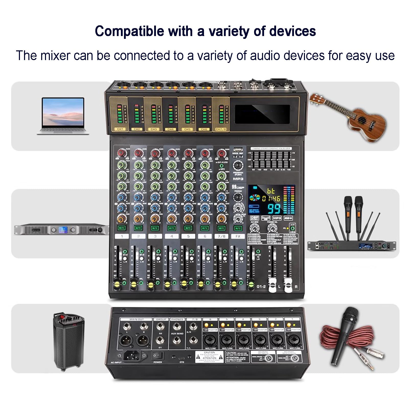 12-kanałowa płyta miksera audio, konsola dźwiękowa miksera DJ, z 99 efektami DSP/7-pasmowym EQ, Bluetooth, interfejsem USB, zasilanie fantomowe 48 V, do podcastów, muzyki, nagrywania, PC