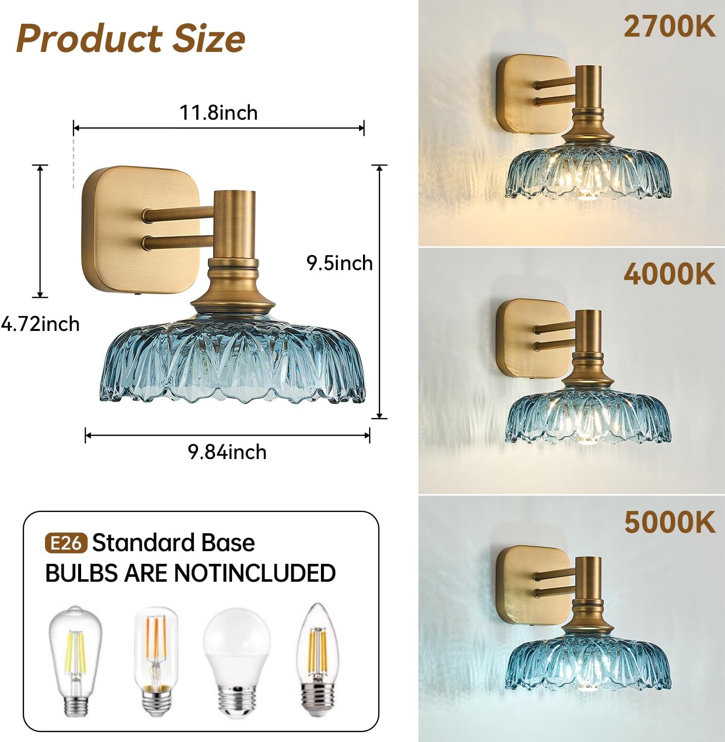 Vintage Blue Wall Sconce Lamp Bathroom Lighting Glass Wall Light Fixture for Kitchen Dining Room Bedroom Hallway