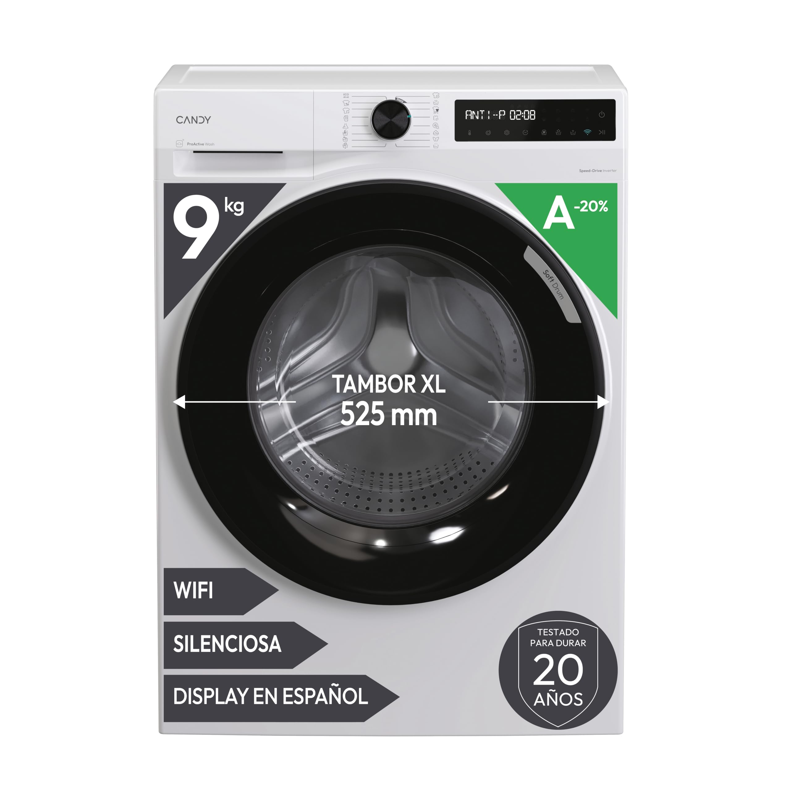 Candy ProWash 500 BR 49SBL8-S, Washing Machine 9 kg, 1400 RPM, Digital Display, WIFI Connectivity, 16 Cycles, Inverter Motor, Delayed Start 24H, Child Lock, Drum 52.5 cm, 72 DB, White