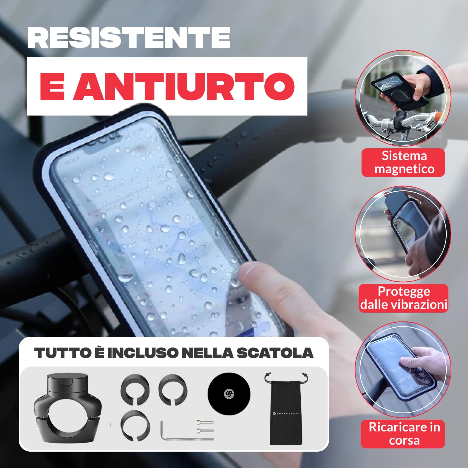 SHAPEHEART Innovazione Francese, Porta Cellulare Bici PRO Con Tasca Magnetica Staccabile, Supporto Telefono Impermeabile per Manubrio | Per ogni Telefono | A vite Manubri 22–32 mm | GPS bici | Attacca e stacca in 2 s | Antivibrazione | Resiste alla pioggi