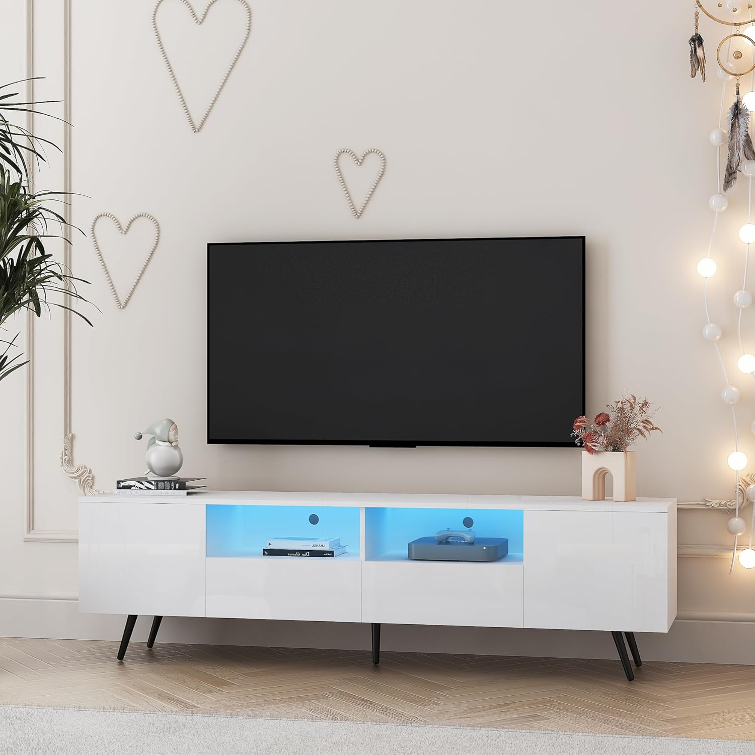 YISUYA Wood TV Stand with Storage Cabinet Drawers for 50 55 60 65 70 75 Inch TV, TV Stand for Bedroom Living Room with 16 Color LED Lights, Mid Century Modern, TV Console Table Stand