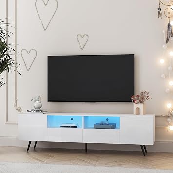 YISUYA Wood TV Stand with Storage Cabinet Drawers for 50 55 60 65 70 75 Inch TV, TV Stand for Bedroom Living Room with 16 Color LED Lights, Mid Century Modern, TV Console Table Stand