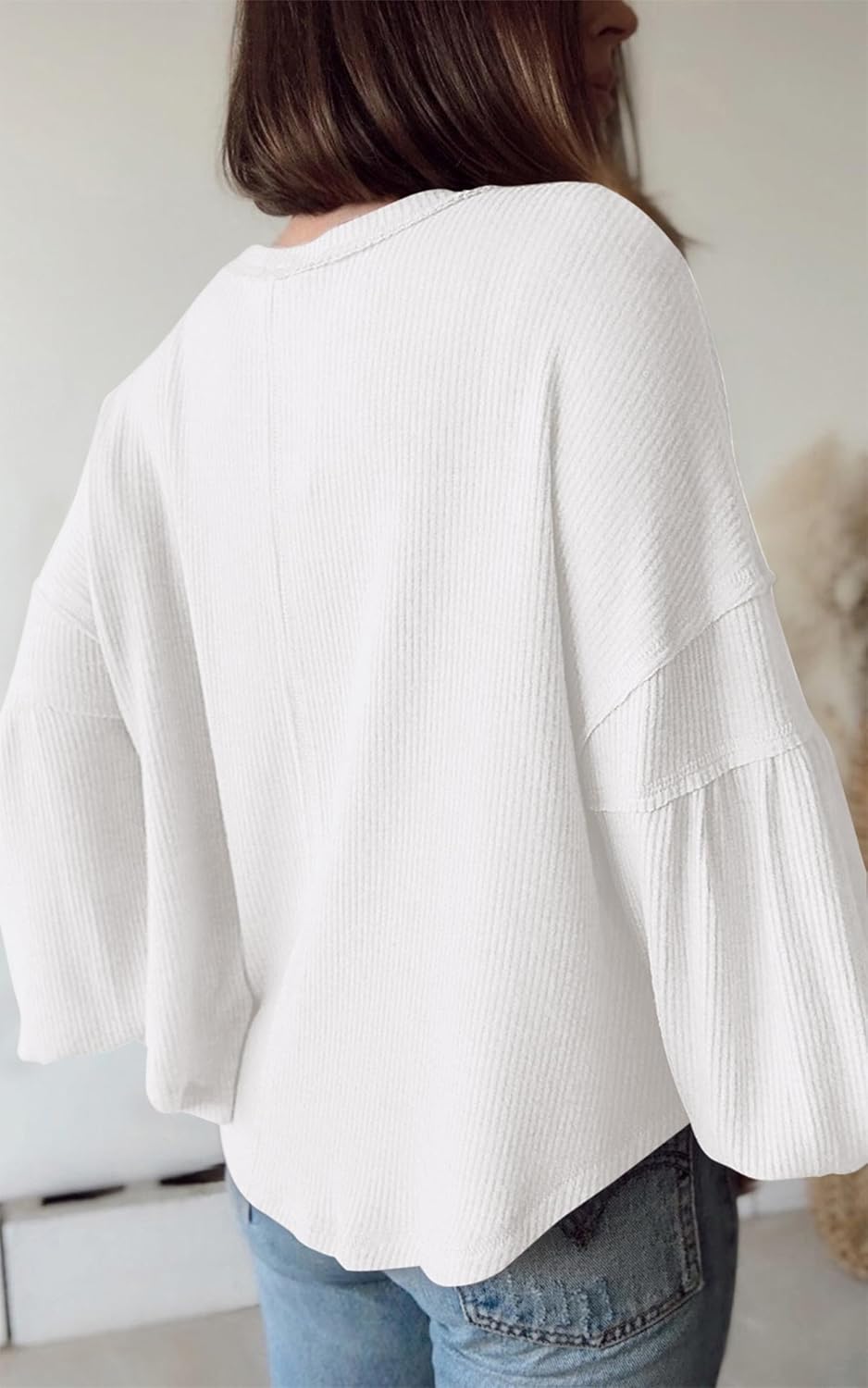 BTFBM Womens Fall Fashion 2026 Long Sleeve Shirts Casual V Neck Ribbed Knit Blouses Pullover Trendy Loose Fit Tunic Tops - Image 3