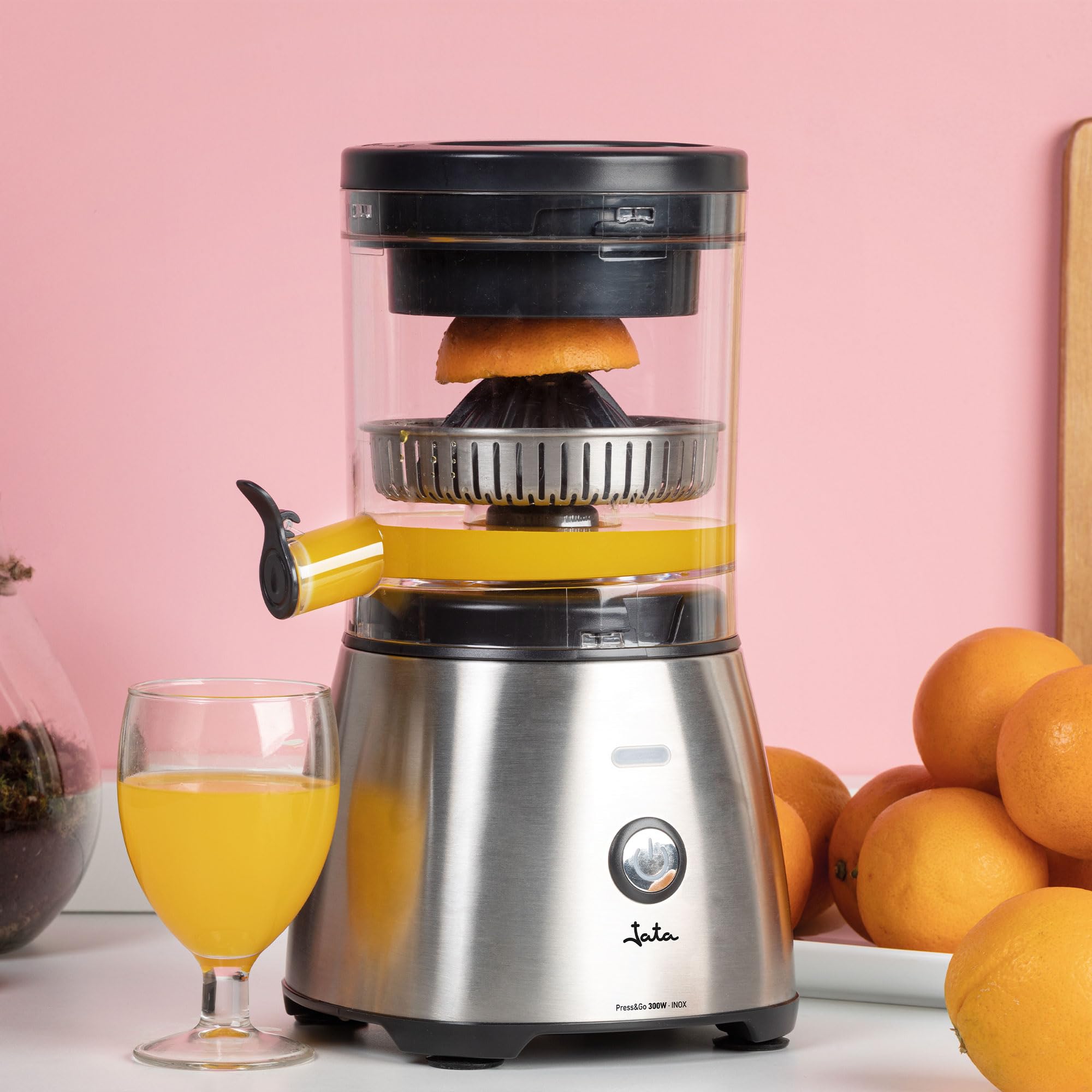 JATA JEEX1616 - Spremiagrumi elettrico automatico 300 W | Corpo e filtro in acciaio inossidabile | Sistema antigoccia | Adatto a tutti i tipi di frutta | Pezzi staccabili. Base antiscivolo