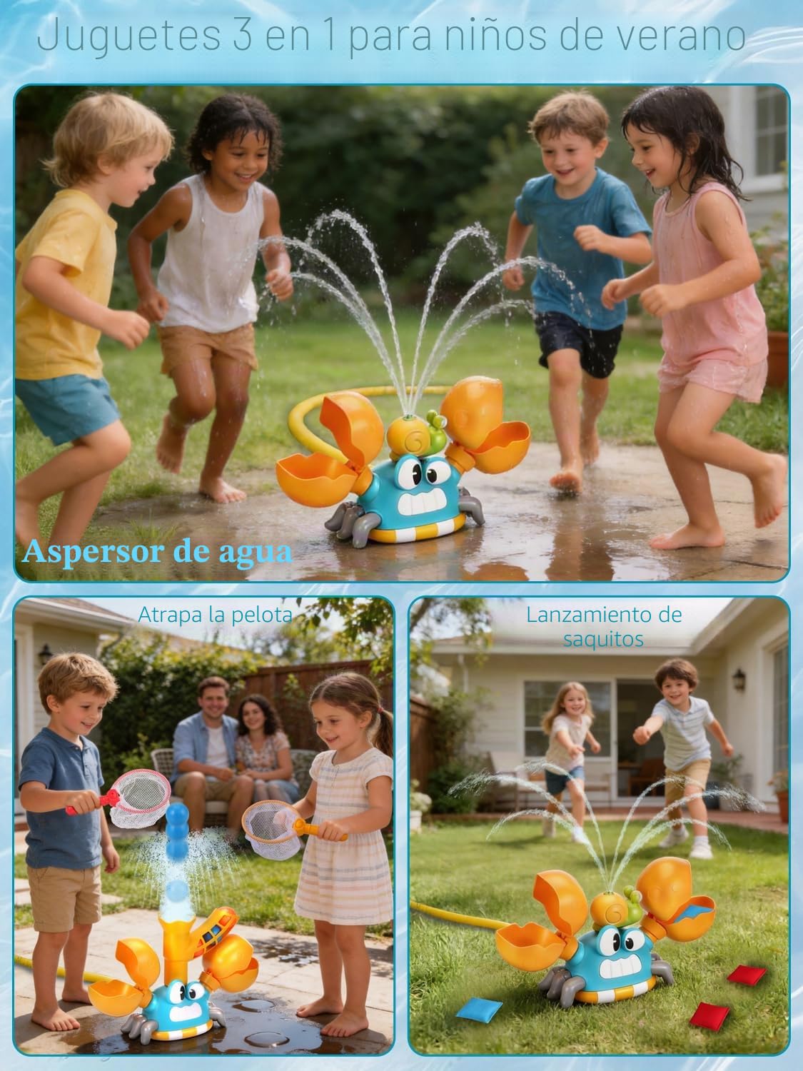 3-en-1 Juegos de Agua para Niños Exterior, Juguete de Aspersores Forma de Cangrejo con Juego de Lanzar Tela y Atrapar Pelota, Juguetes Verano para 3 4 5 6 7 8 9Años, Regalo creativo para Niños y Niñas