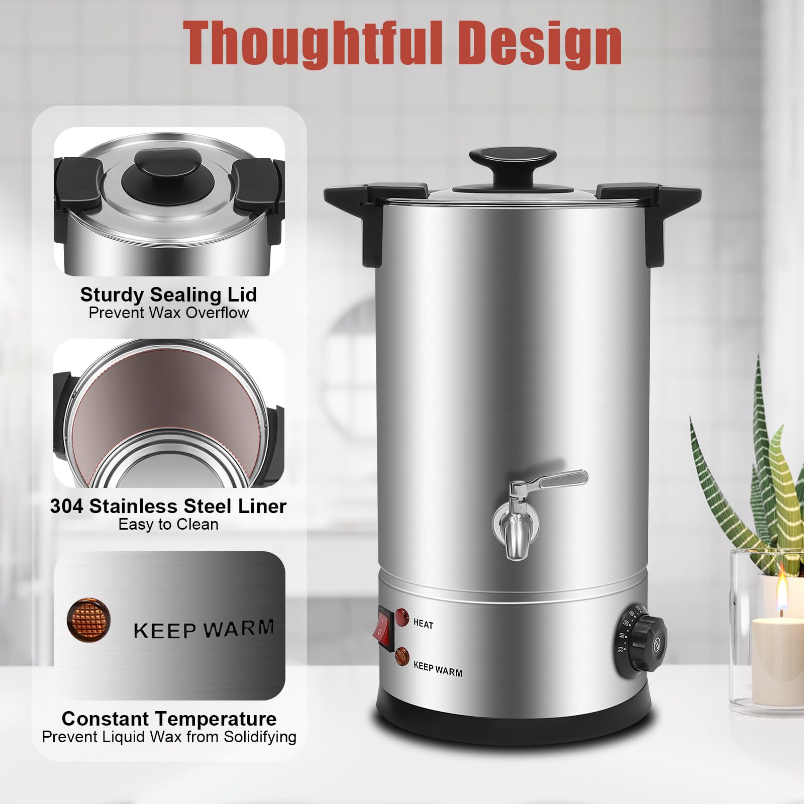PUDLOR Olla de fusión de cera de 1800 W, 10 l, máquina de fusión de cera comercial grande 86 ℉-230 ℉ Temperatura Calefacción por suelo completo Termostato Interruptor de un botón para derretir