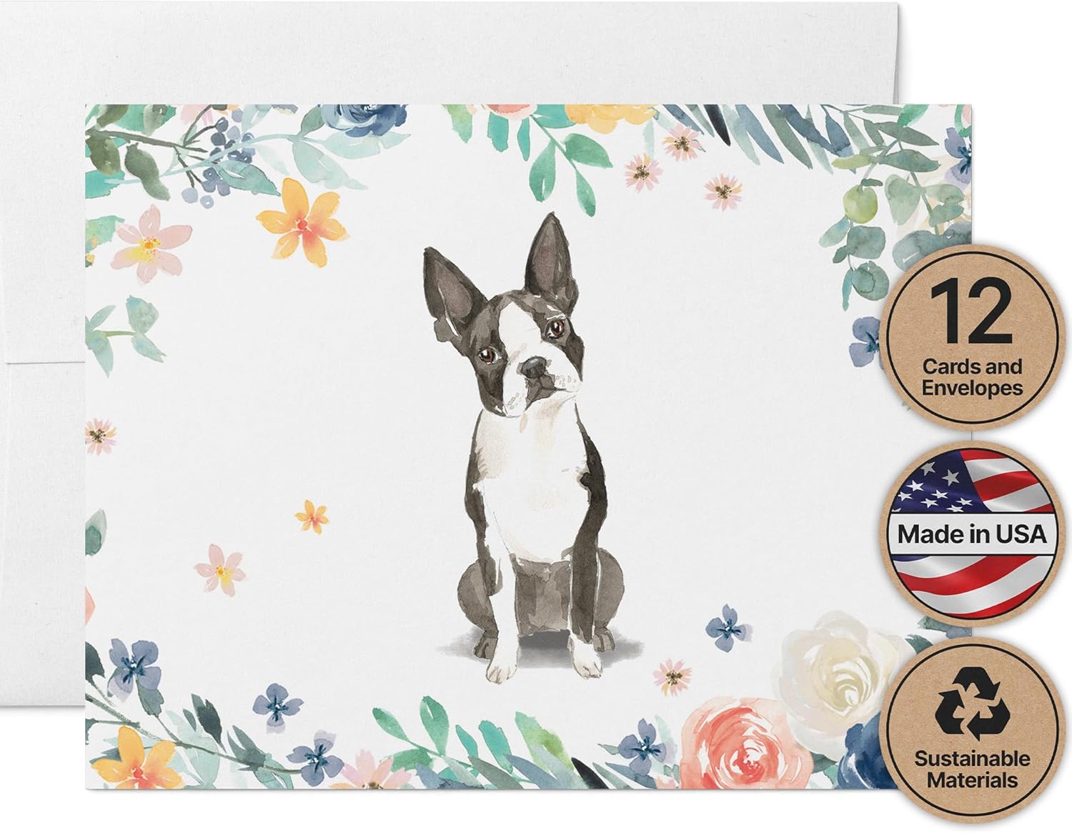 Twigs Paper - Boston Terrier Dog Cards - Set of 12 Blank Cards (5.5 x 4.25 Inch) with 12 Envelopes - 100% EcoFriendly Stationery - Made In USA