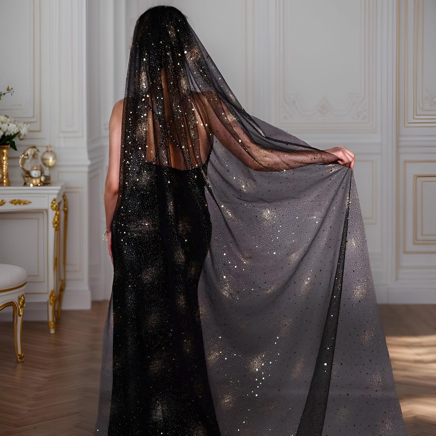 Gliter Black wedding Veil, 1 Tier Chapel Long Wedding Bridal Veil with Metal Comb, Black Veil for Party