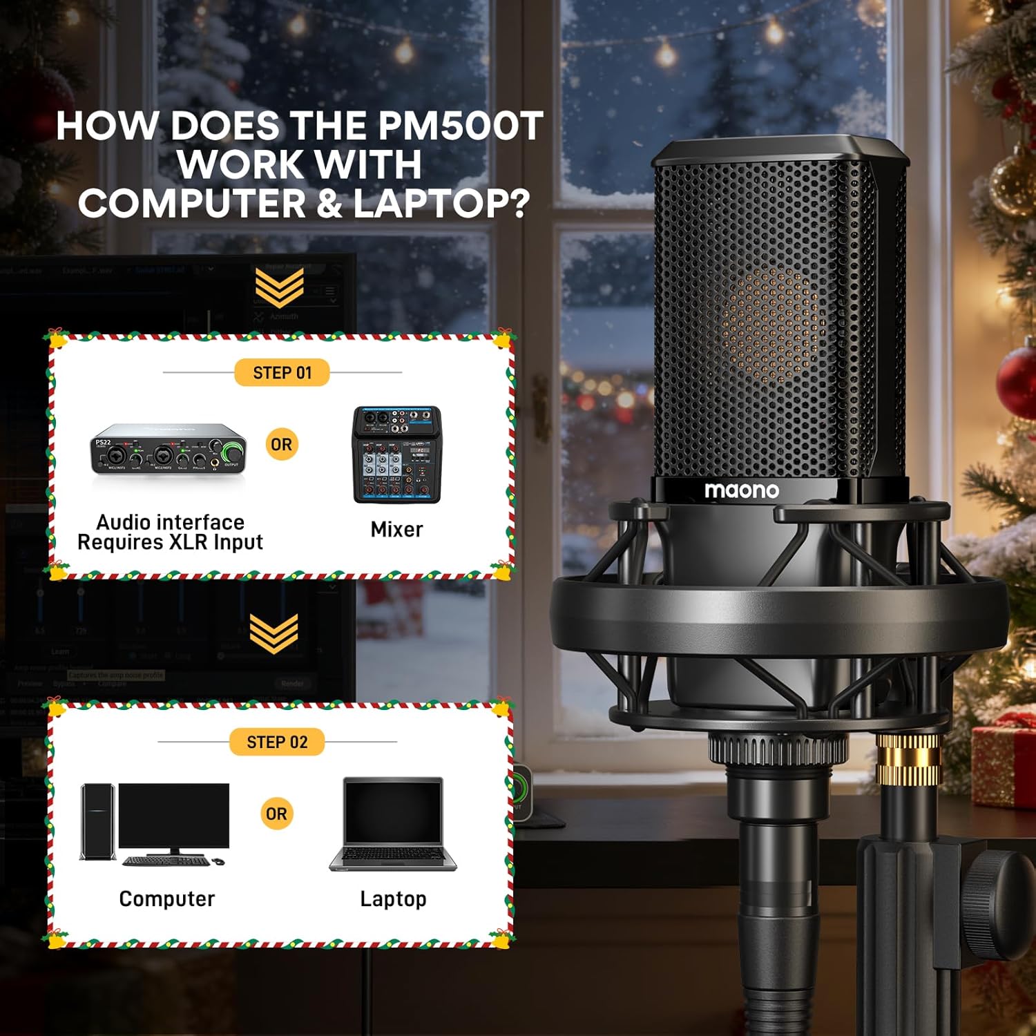 Diagram showing how to connect the MAONO PM500 microphone to an audio interface or mixer and then to a computer or laptop.