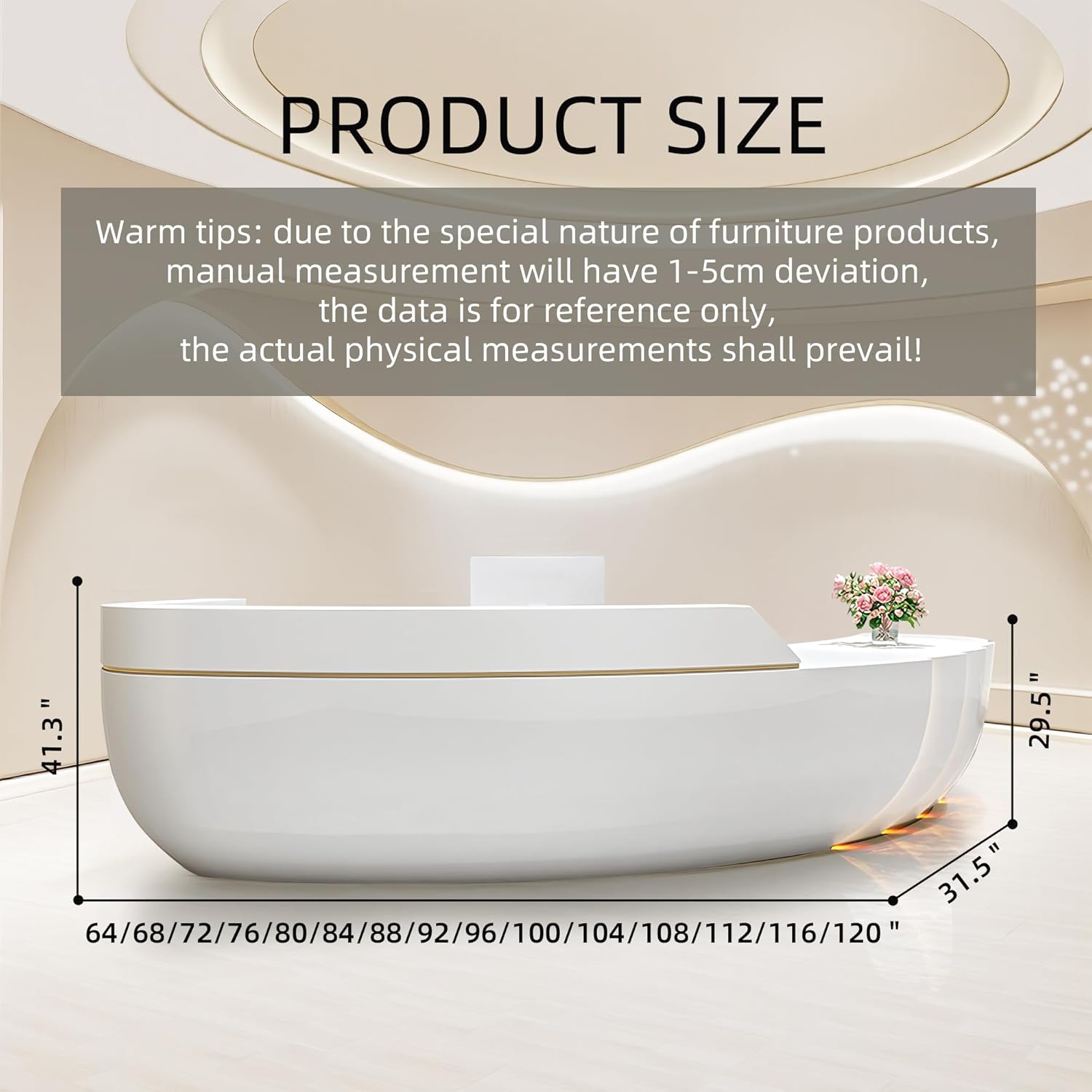 Receptionist Desk, Circumferential Arc Design Reception Desk with Counter Ships in One Piece, No Assembly Required, for Salon Reception Room Office Checkout Counter Customized Logo