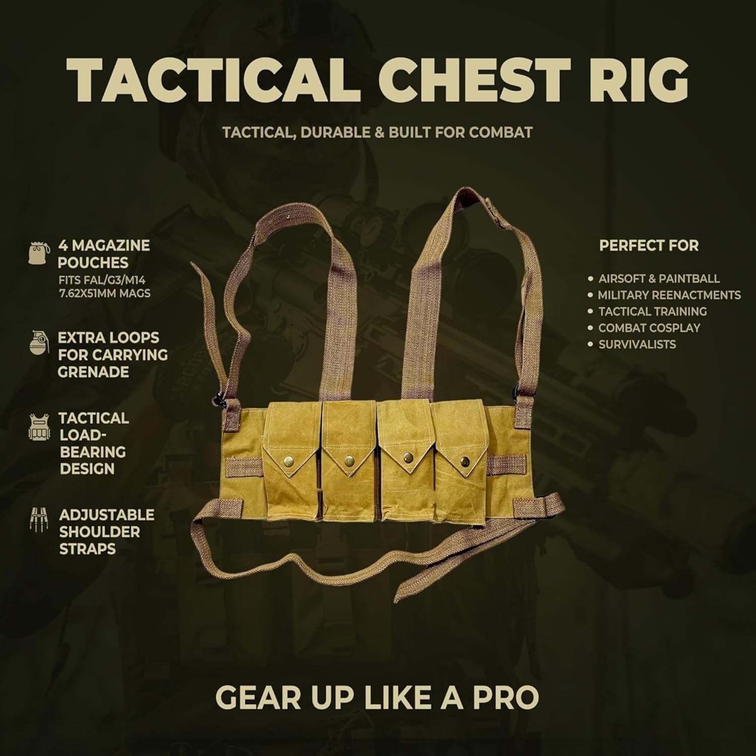 Warreplica Rhodesian Fereday & Sons Chest Rig FAL/G3/M14 Bush War/20rd .308/7.62x51mm 4 Magazine Pouch Tactical Chest Rig