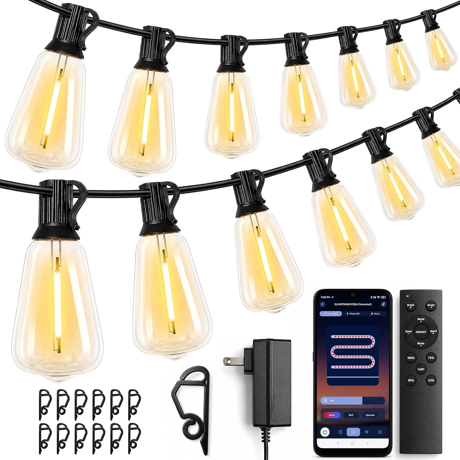 ST38 Outdoor String Lights 65FT, App and Remote, 24V Warm White | 30 ST38 LED bulbs + 1 spare, app and remote control, music sync, dimmable 2700K glow, 30 clips, rain-resistant design